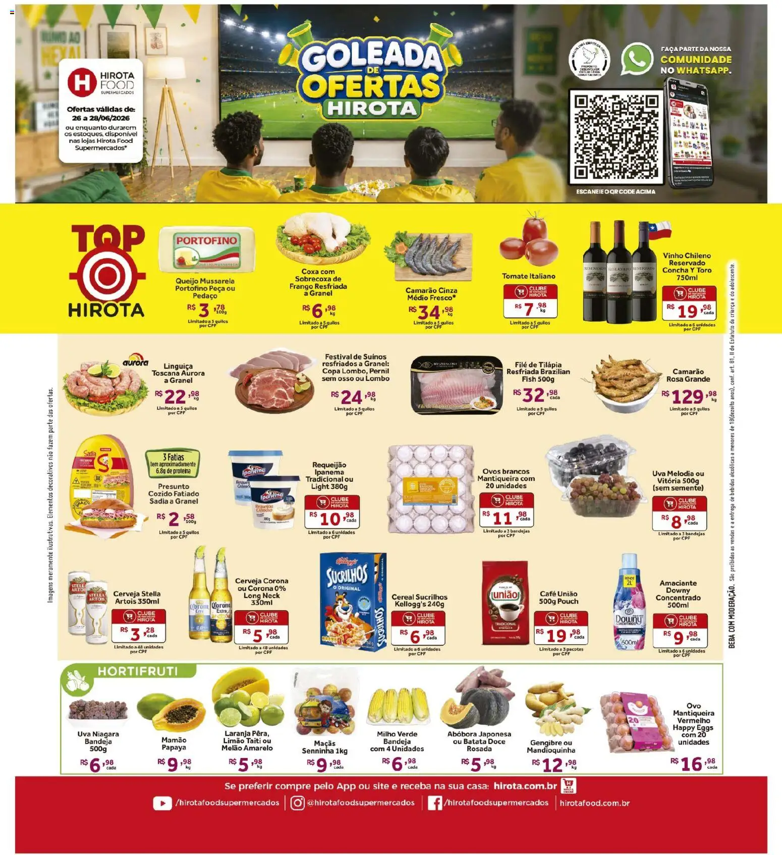 Pré-Visualização do folheto "Hirota Food ofertas de Final de Semana" da loja Hirota Food válido a partir de 26/06/2026 - Ovos, Tomate, Requeijão, Amaciante, Pernil, Melão, Mandioquinha, Tilápia