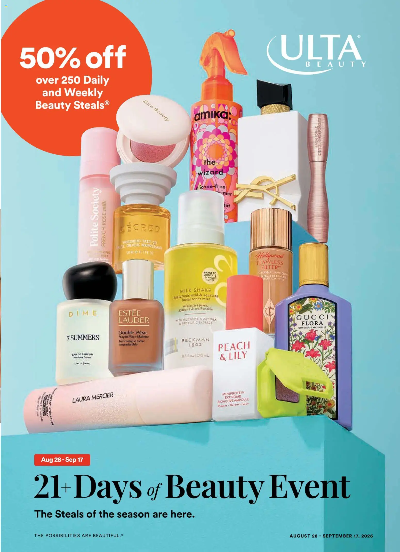 Ad Preview of Ulta Beauty Ulta Beauty Weekly Ad from 08/28/2026 - Perfume, Milk, Peach, Oil, Toner