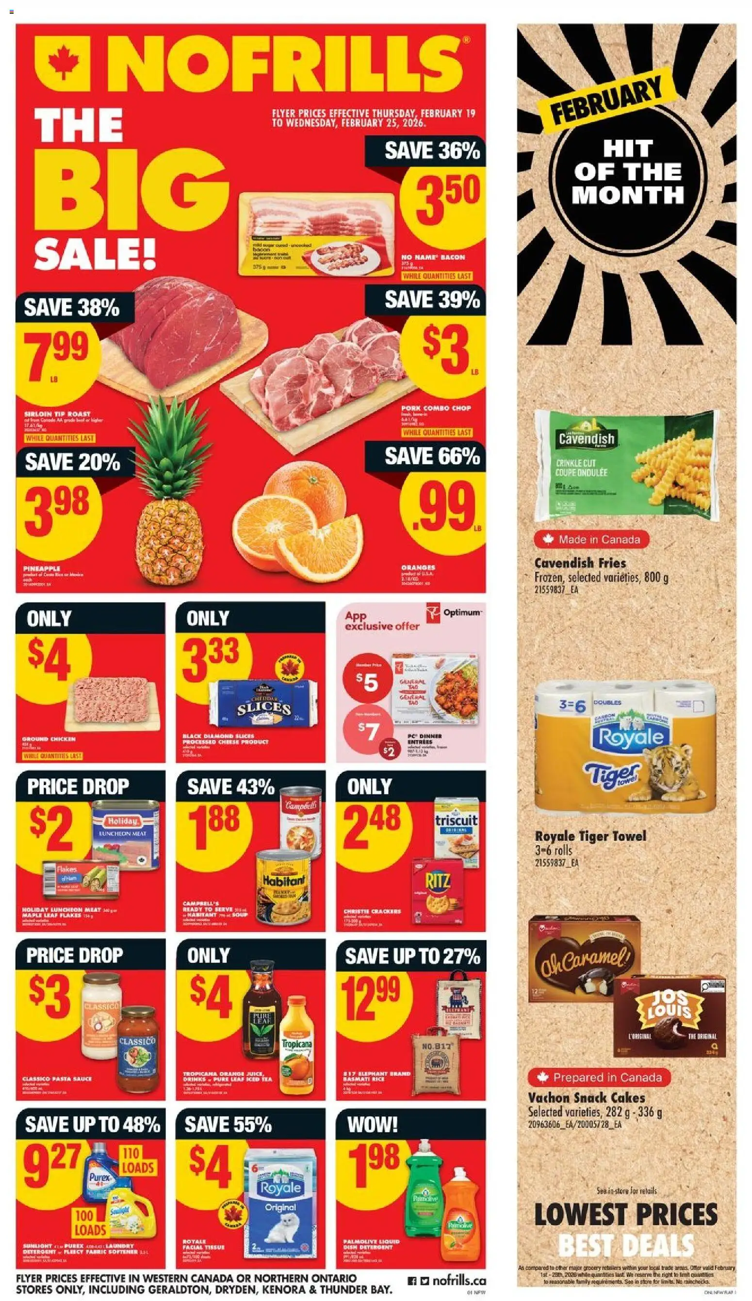Preview of leaflet Weekly Flyer - AB from shop No Frills is valid from Feb 19, 2026 - Tea, PC, Oranges, Meat, Sugar, Fries, Pork, Pork chop