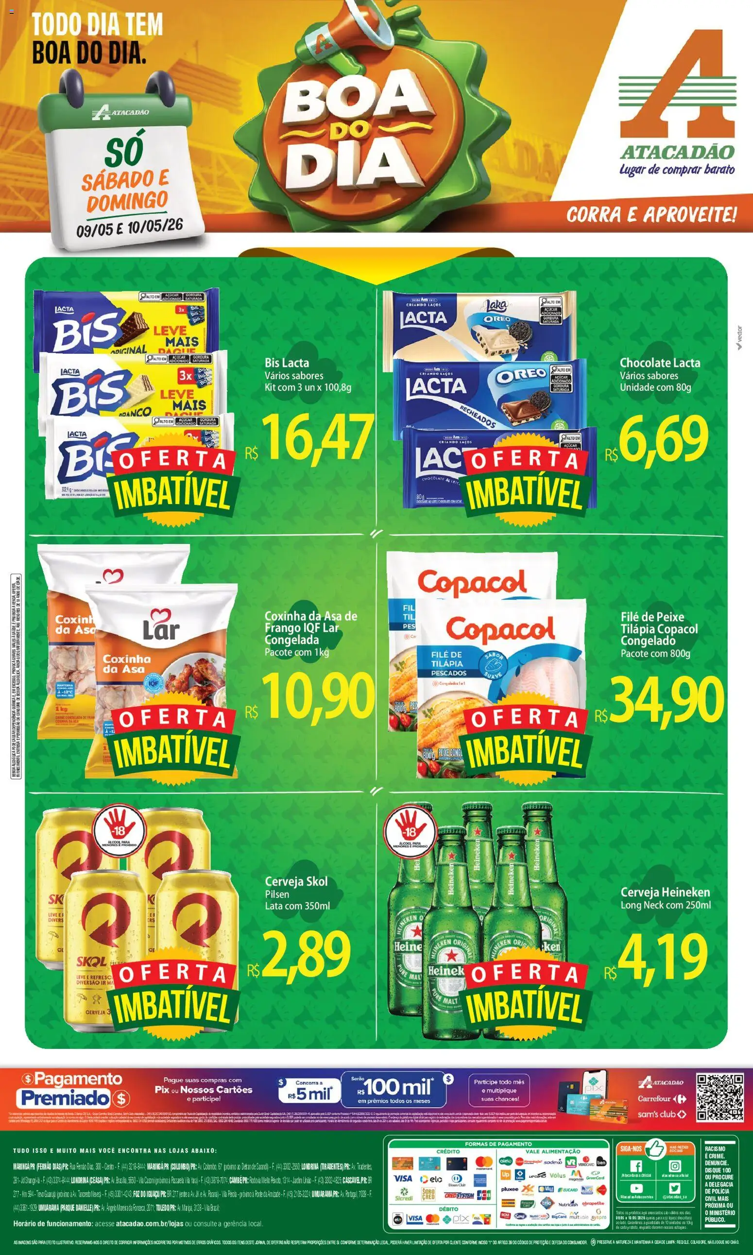 Pré-Visualização do folheto "Atacadão ofertas - PR" da loja Atacadão válido a partir de 09/05/2026 - Chocolate, Heineken, Cerveja, Álcool, Frango, Açúcar, Tilápia, Filé de peixe