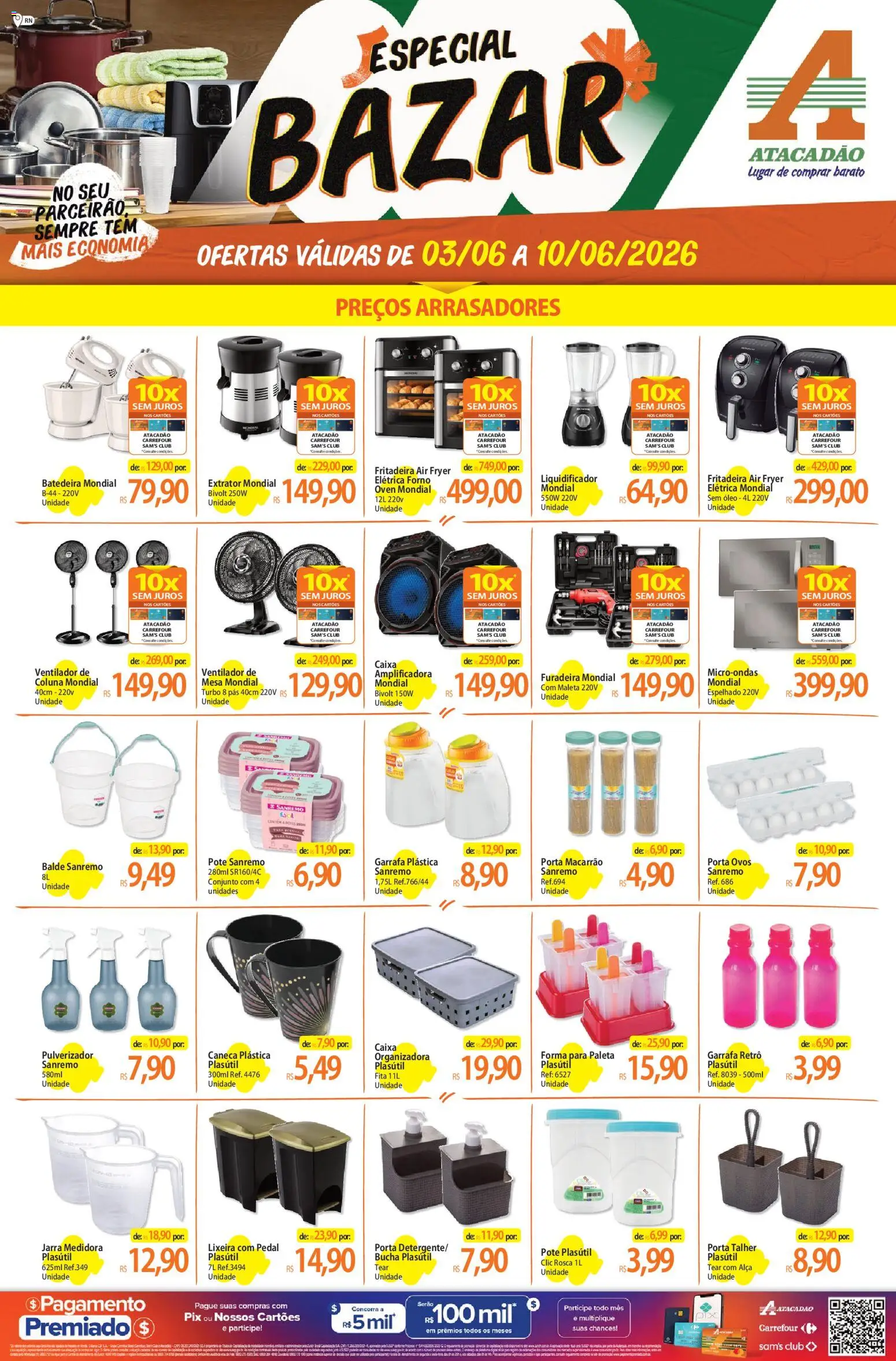 Pré-Visualização do folheto "Atacadão ofertas - RN" da loja Atacadão válido a partir de 03/06/2026 - Air fryer, Porta, Macarrão, Batedeira, Lixeira, Pulverizador, Balde, Jarra