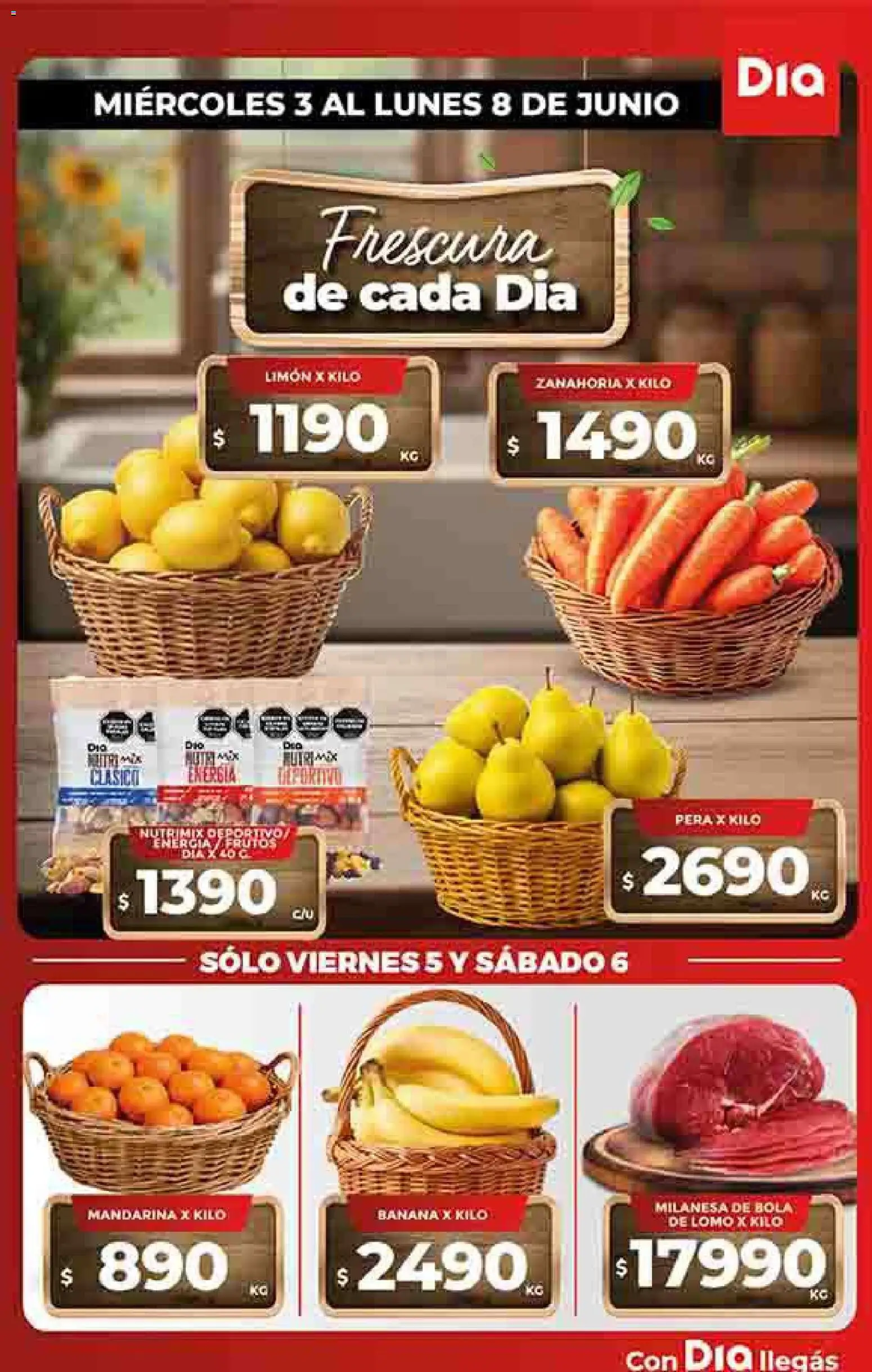 Vista previa del folleto de la tienda Dia válido desde el 03/06/2026 - Milanesa, Banana, Lomo, Limón, Zanahoria, Pera