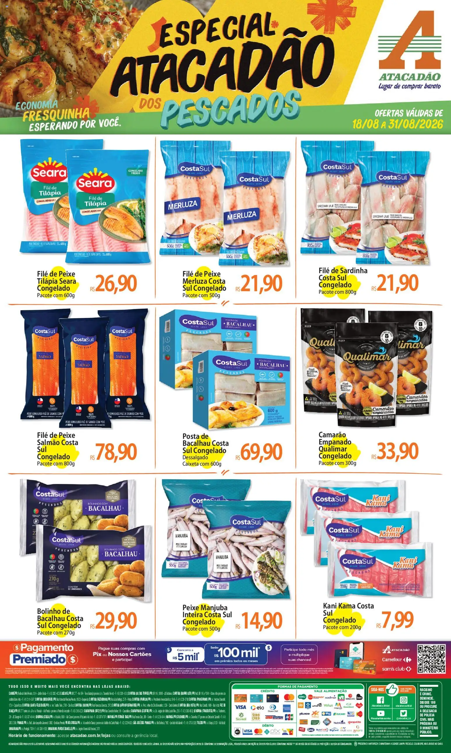 Pré-Visualização do folheto "Atacadão ofertas - PR" da loja Atacadão válido a partir de 18/08/2026 - PC, Camarão, Carne, Bacalhau, Salmão, Sardinha, Camarões, Filé de peixe