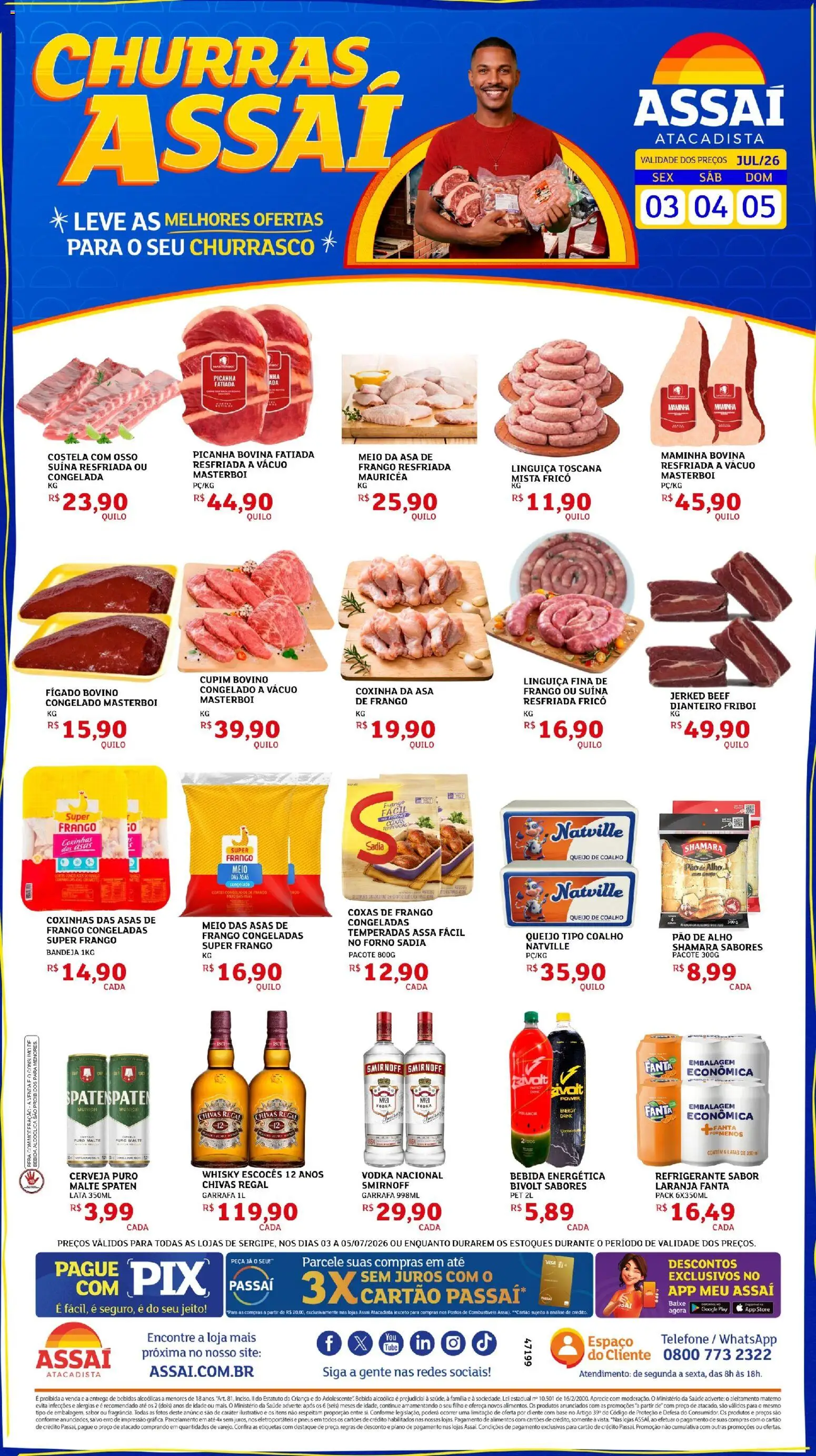 Pré-Visualização do folheto "Assaí Atacadista ofertas - SE" da loja Assaí Atacadista válido a partir de 03/07/2026 - Telefone, Melancia, Picanha, Base, Queijo, Frango, Fígado, Refrigerante