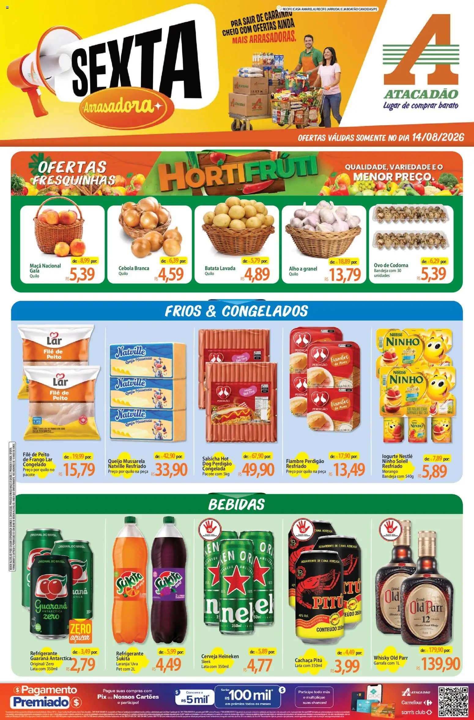 Pré-Visualização do folheto "Atacadão ofertas - PE" da loja Atacadão válido a partir de 14/08/2026 - Heineken, Uva, Bebidas, Queijo, Carrinho, Carne, Cachaça, Guaraná