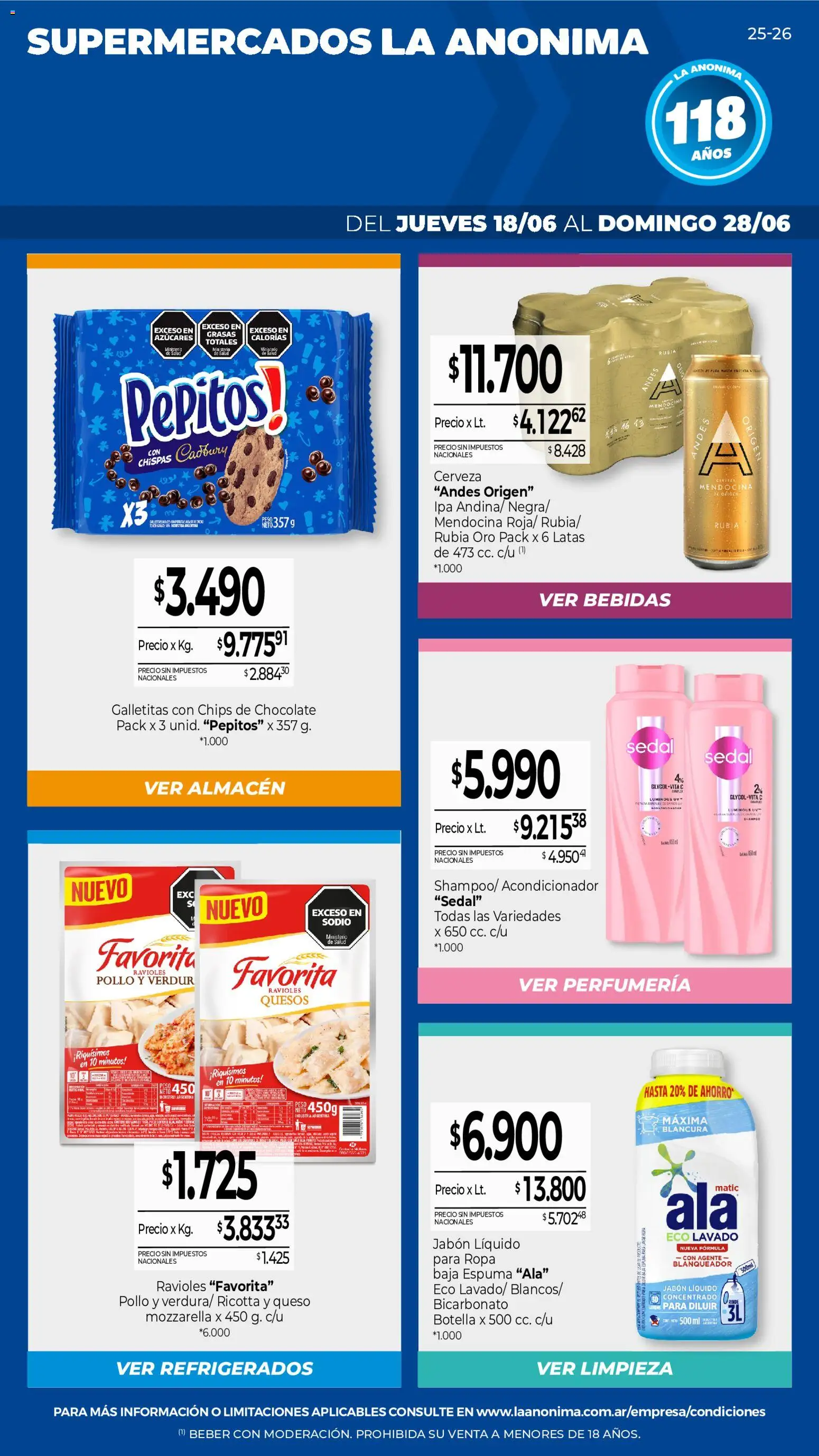 Vista previa del folleto de la tienda La Anonima válido desde el 18/06/2026 - Chocolate, Peso, Cerveza, Queso, Mozzarella, Botella, Jabón, Acondicionador