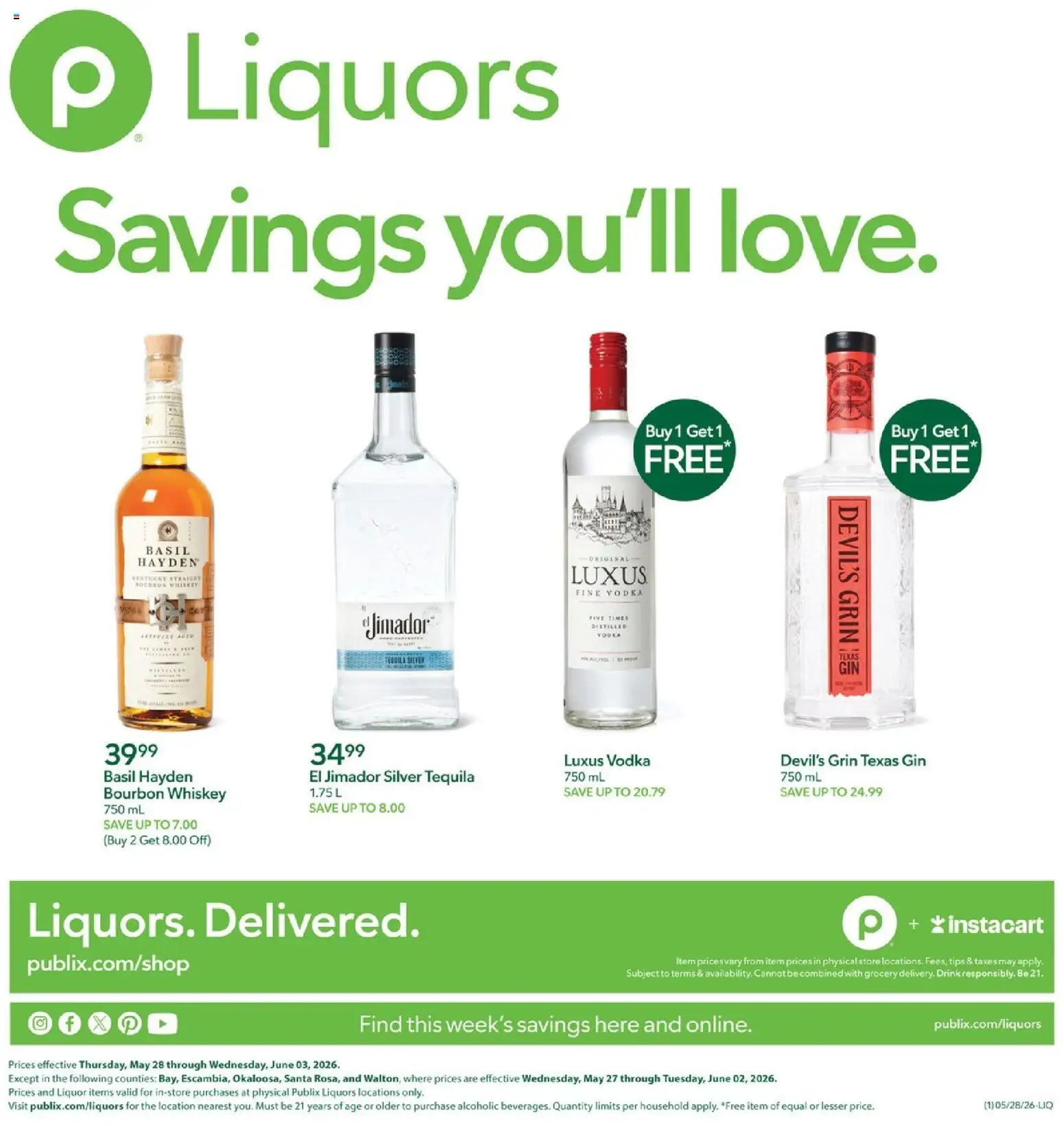 Ad Preview of Publix Publix Liquors from 05/28/2026 - Tequila, Bourbon, Vodka, Whiskey, Gin
