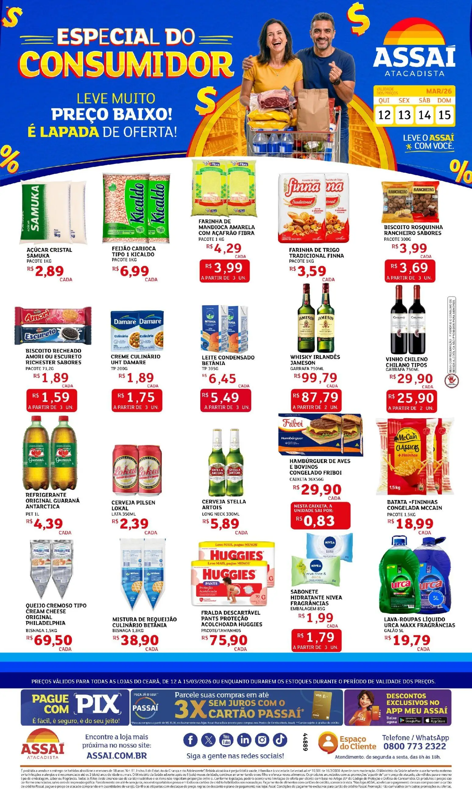 Pré-Visualização do folheto "Assaí Atacadista ofertas - CE" da loja Assaí Atacadista válido a partir de 12/03/2026 - Hambúrguer, Bebidas, Bebida, Açúcar, Refrigerante, Requeijão, Biscoito recheado, Queijo cremoso