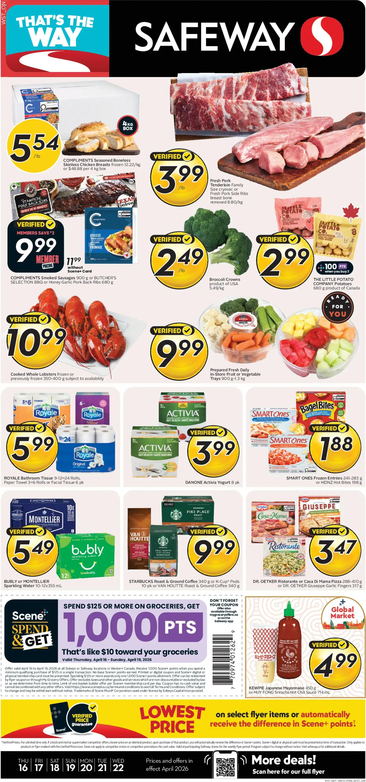 Preview of leaflet Safeway weekly flyer / circulaire from shop Safeway is valid from Apr 16, 2026 - Water, Honey, Fruit, Chili, Broccoli, Sausages, Garlic, Basket