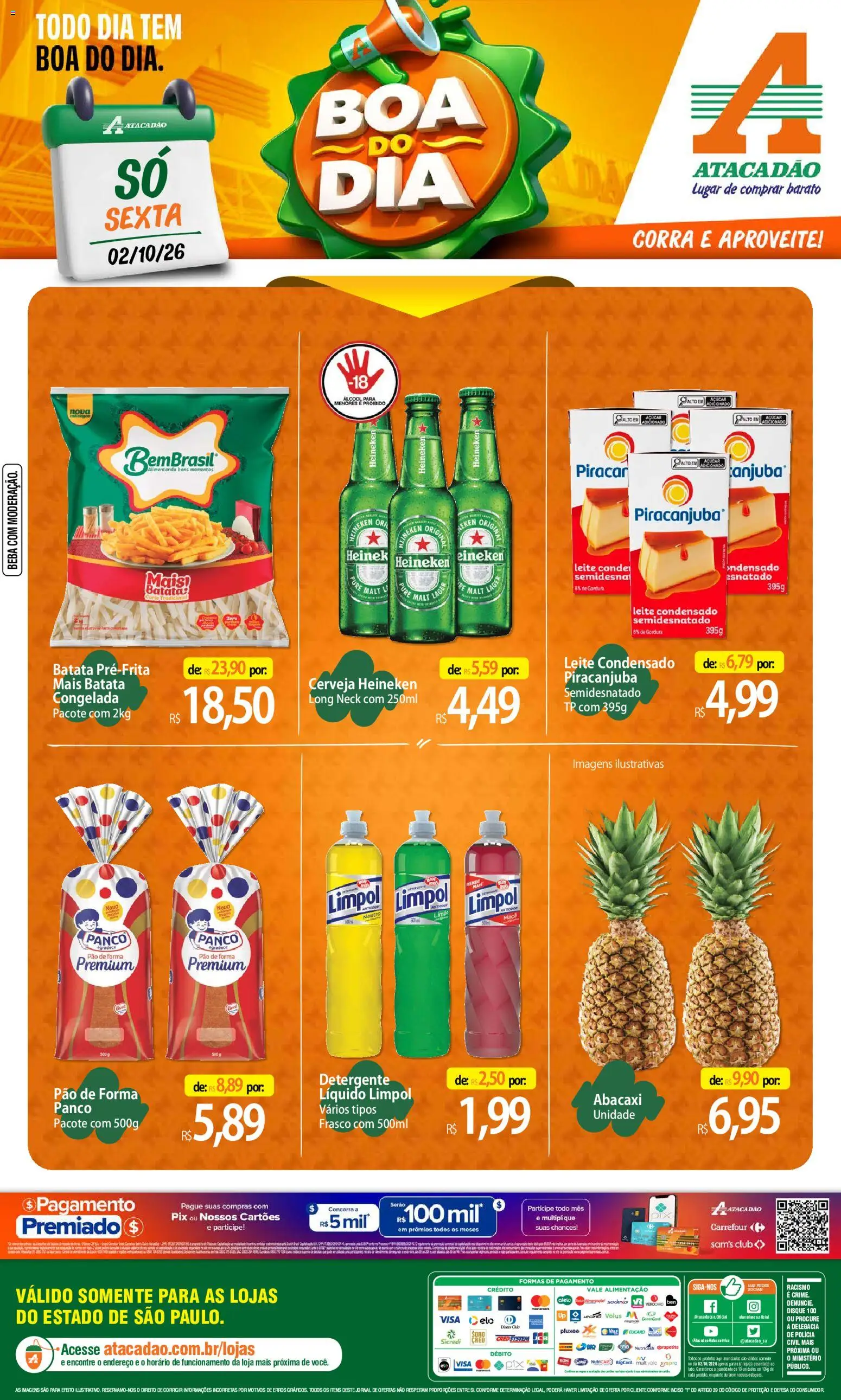 Pré-Visualização do folheto "Atacadão ofertas - SP" da loja Atacadão válido a partir de 02/10/2026 - Heineken, Cerveja, Pão, Leite, Cerveja Heineken, Batata, Detergente, Pão de forma