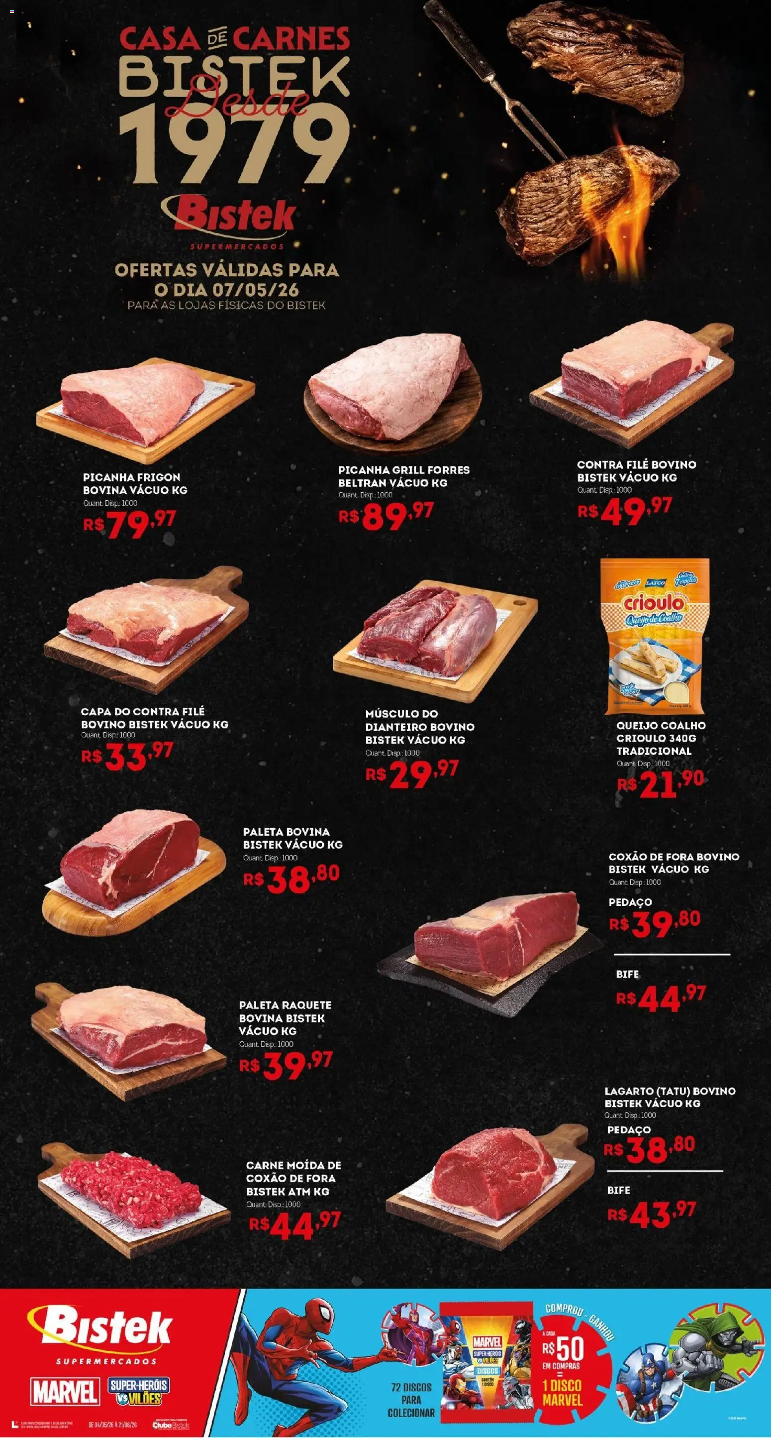 Pré-Visualização do folheto "Bistek Supermercados ofertas Quinta das Carnes" da loja Bistek Supermercados válido a partir de 07/05/2026 - Picanha, Queijo, Carne, Queijo coalho, Carne moída, Grill, Disco, Contra filé