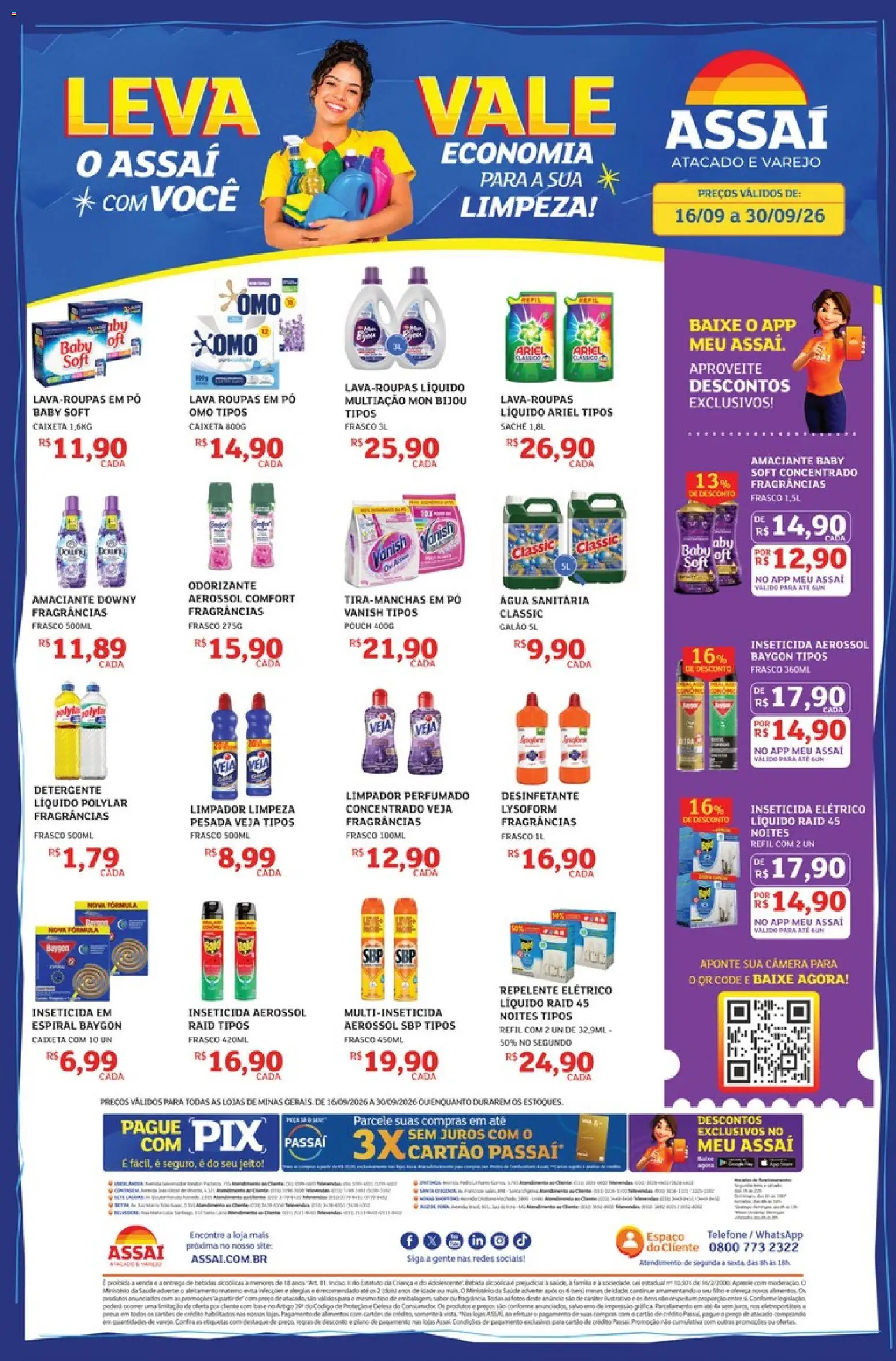 Pré-Visualização do folheto "Assaí Atacadista ofertas - MG" da loja Assaí Atacadista válido a partir de 16/09/2026 - Amaciante downy, Desinfetante, Repelente, Vanish, Alimentos, Amaciante, Água sanitária, Inseticida