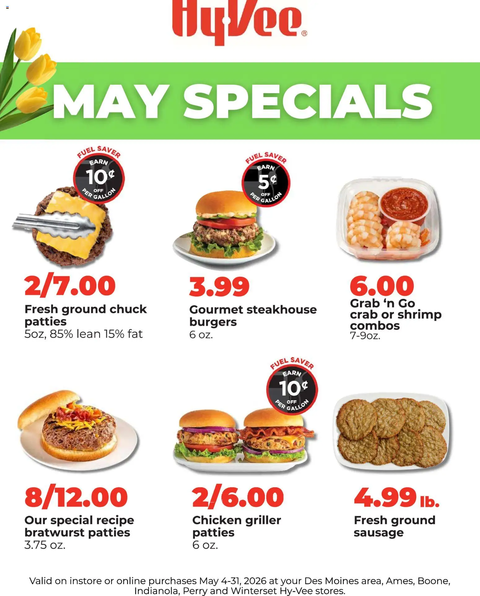 Ad Preview of HyVee HyVee May Specials from 05/04/2026 - Shrimp, Sausage, Bratwurst, Chicken