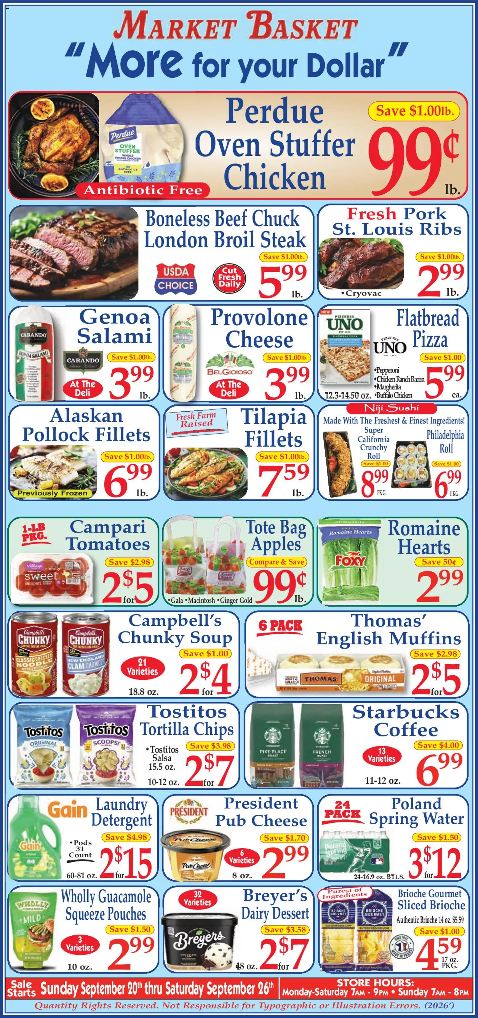 Ad Preview of Market Basket Market Basket Ad from 09/20/2026 - Coffee, Tilapia, Beef, Pork, Campari, Romaine, Beef chuck, Chicken