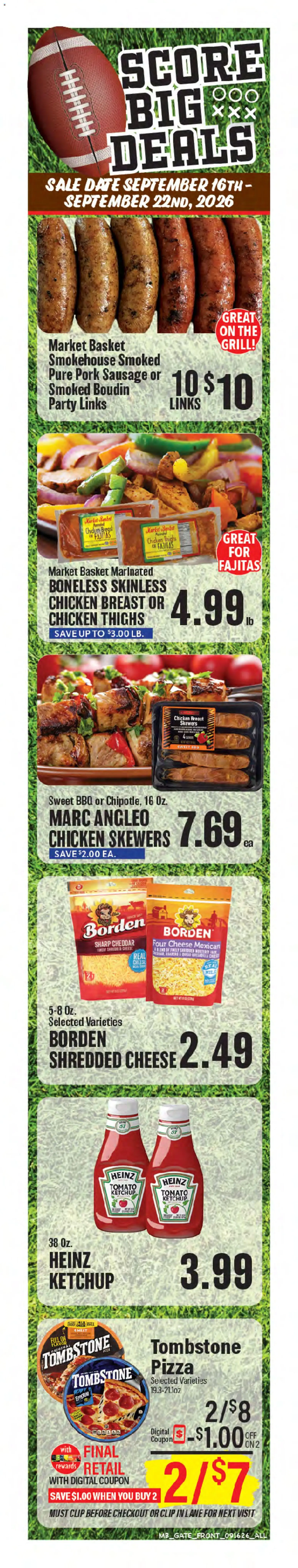 Ad Preview of Market Basket Market Basket Weekly Ad from 09/16/2026 - Pizza, Cheese, Milk, Tomato, Meat, Sausage, Pork, Ketchup