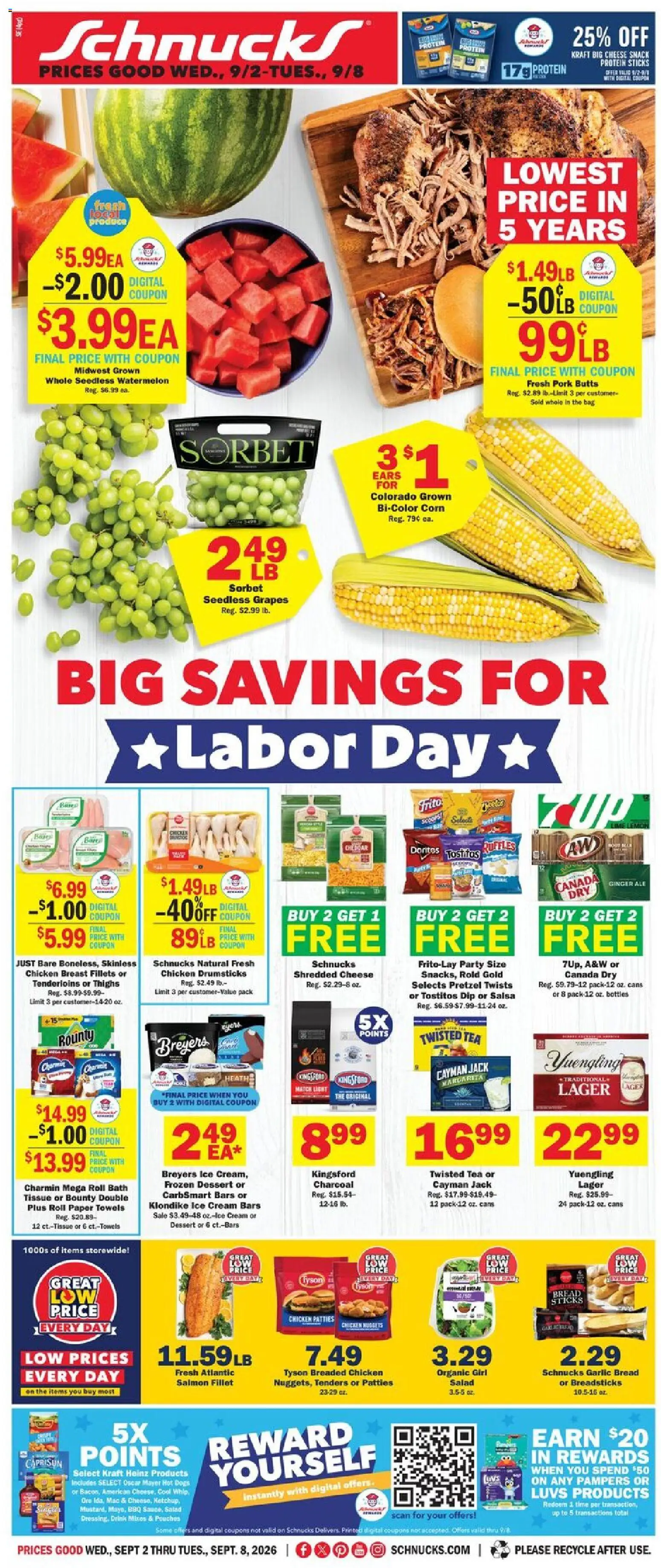 Ad Preview of Schnucks Schnucks Weekly Ad from 09/02/2026 - Ice, Hot Dogs, Bread, Watermelon, Protein, Grapes, Charcoal, Bag