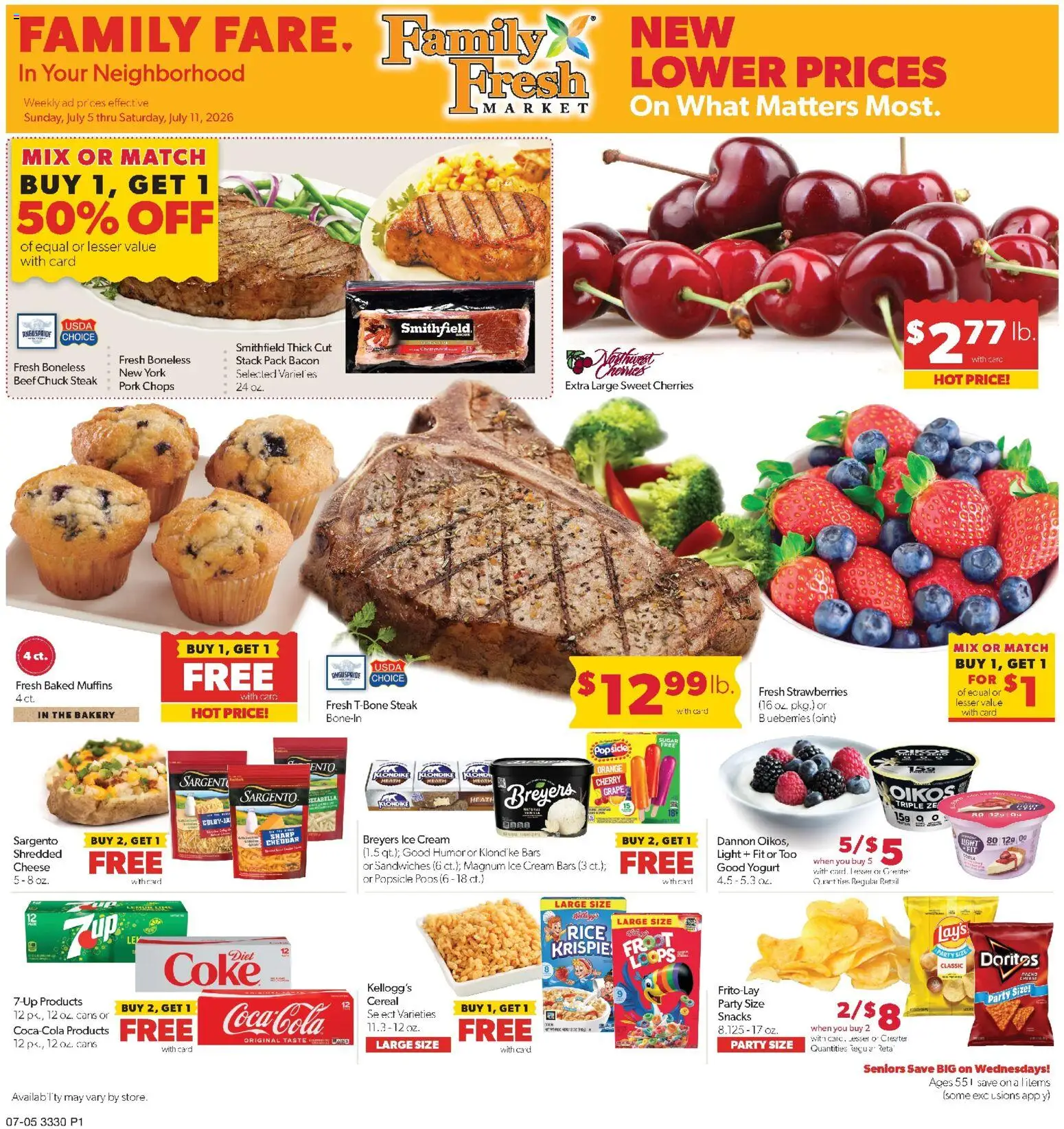 Ad Preview of Family Fare Family Fare Weekly Ad - MN from 07/05/2026 - Steak, Cheese, Yogurt, Cereal, Rice, Bacon, Muffins, Beef chuck