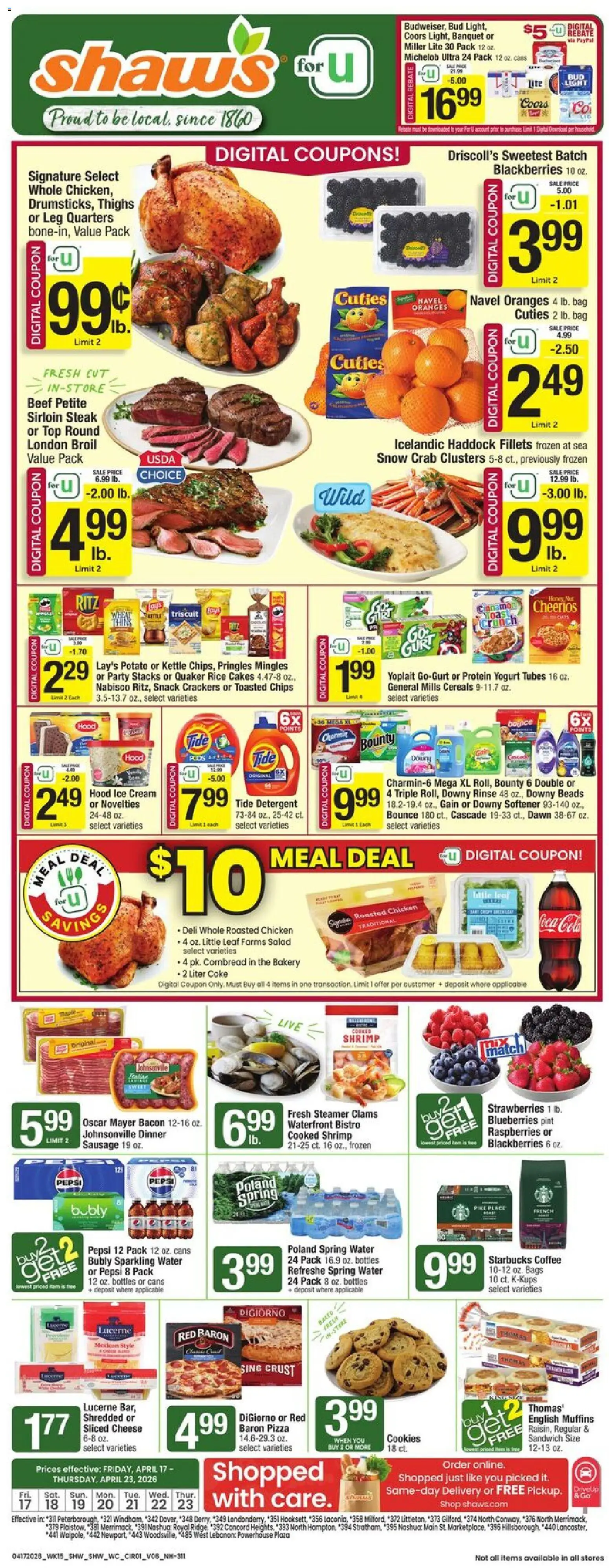 Ad Preview of Shaw's Shaw's Weekly Ad - NH from 04/17/2026 - Ice cream, Bakery, Cookies, Steak, Oranges, Strawberries, Protein, Crackers