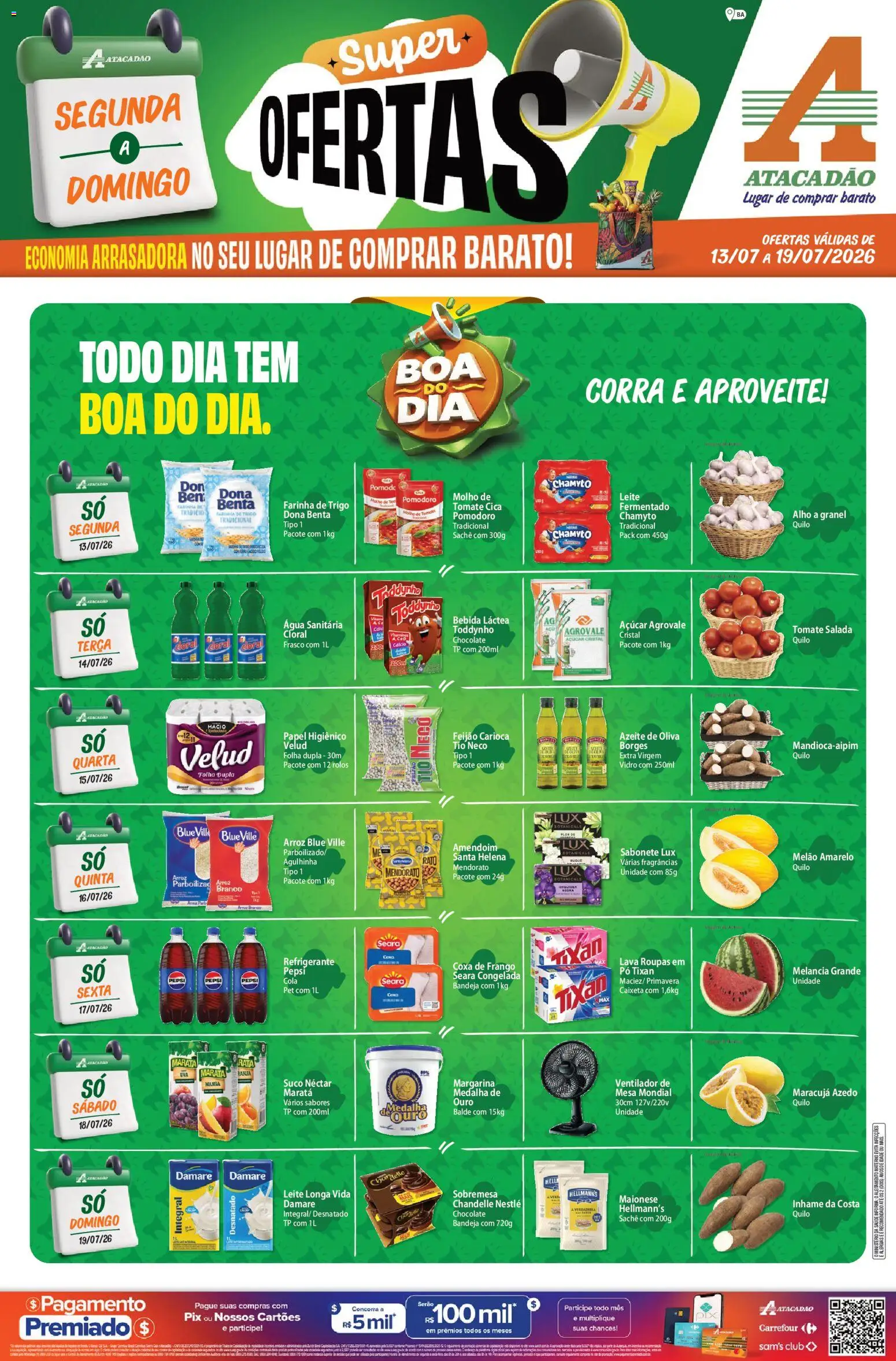 Pré-Visualização do folheto "Atacadão ofertas - BA" da loja Atacadão válido a partir de 13/07/2026 - Água, Amendoim, Maracujá, Açúcar, Maionese, Azeite de oliva, Cola, Farinha