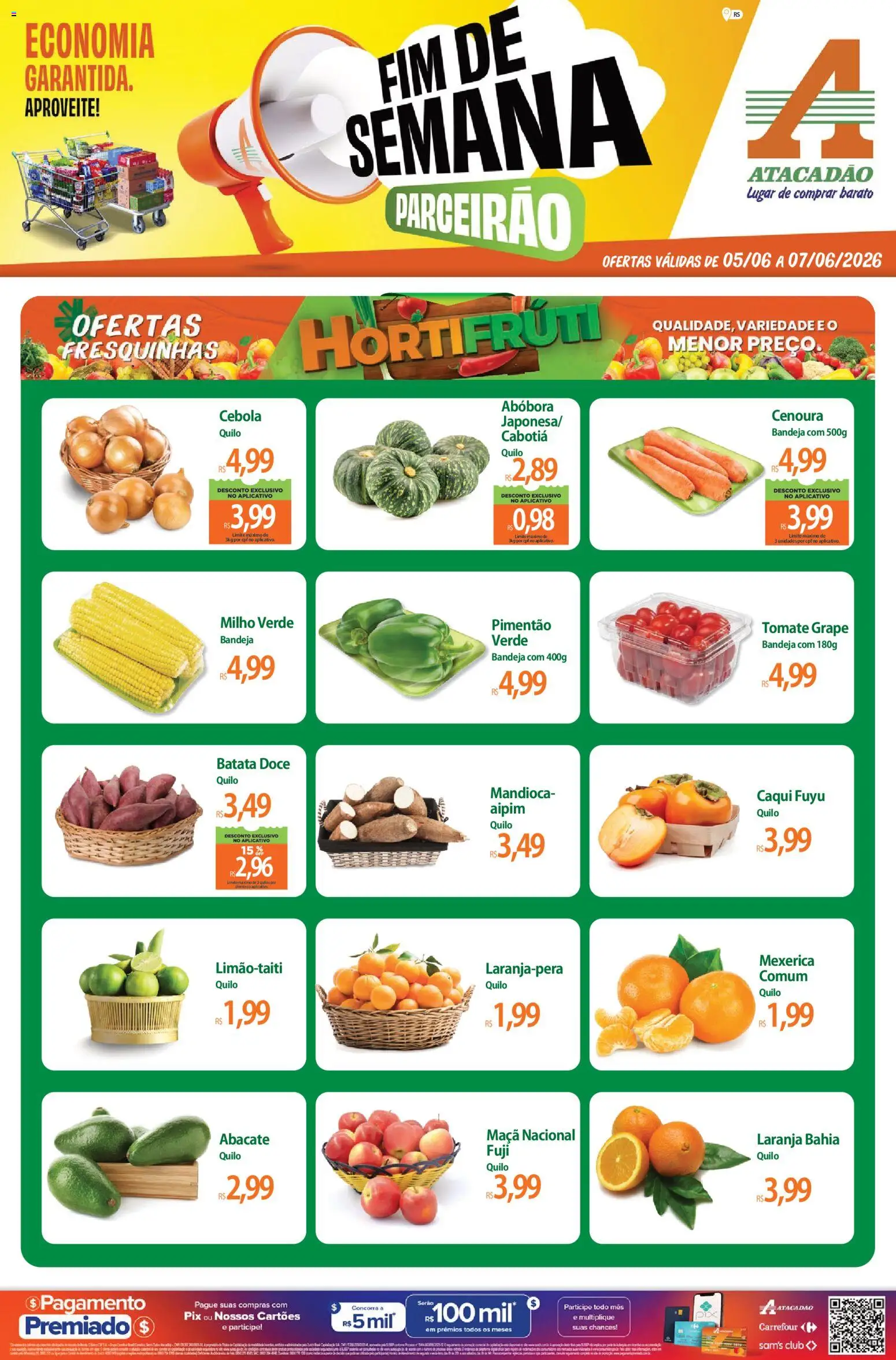 Pré-Visualização do folheto "Atacadão ofertas - RS" da loja Atacadão válido a partir de 05/06/2026 - Abacate, Cenoura, Milho, Mexerica, Cebola, Bandeja, Milho verde, Pimentão