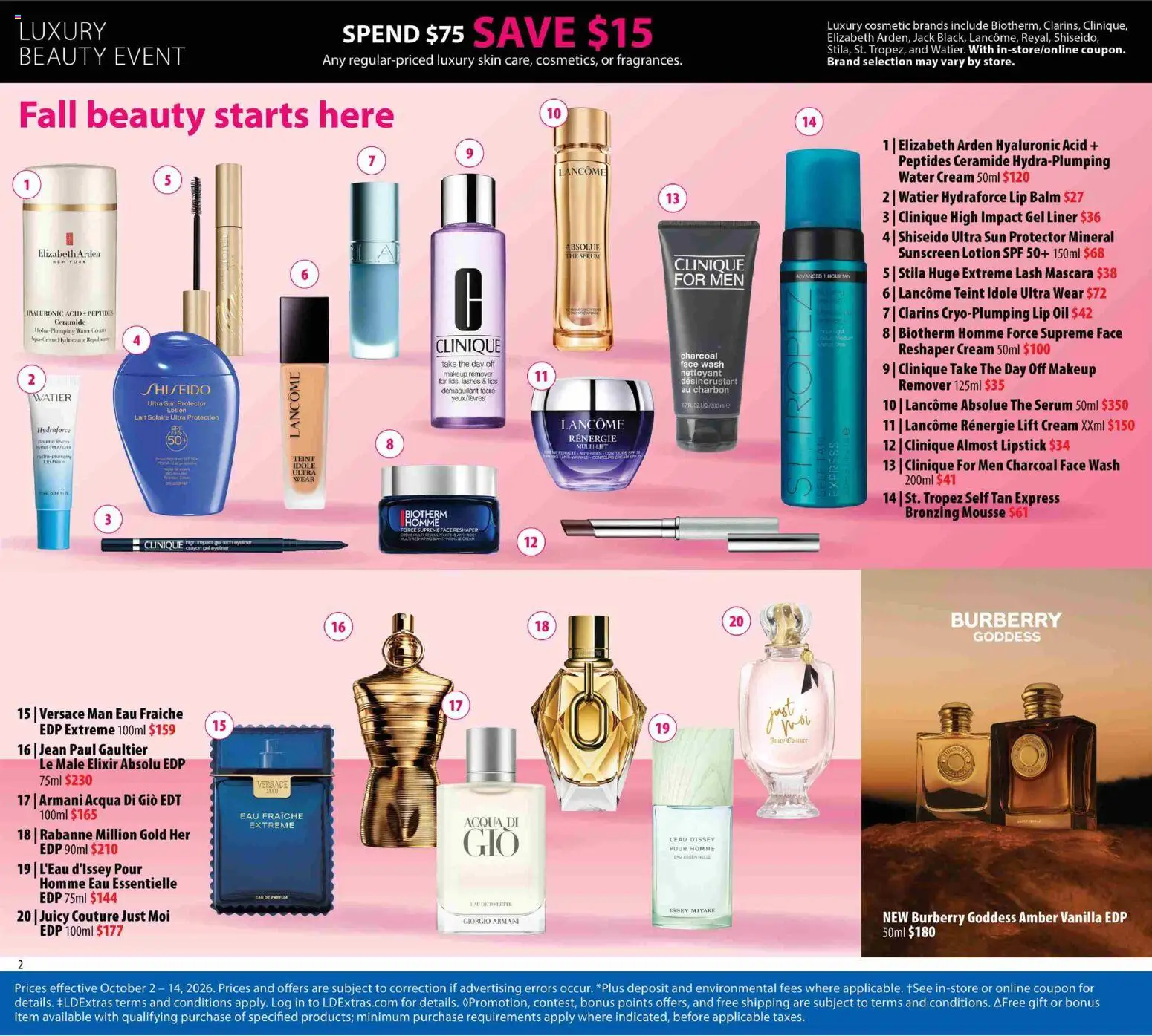 Preview of leaflet London Drugs flyer - Beauty from shop London Drugs is valid from Oct 02, 2026 - Water, Sunscreen, Vanilla, Cream, Mascara, Lip balm, Lipstick, Face wash