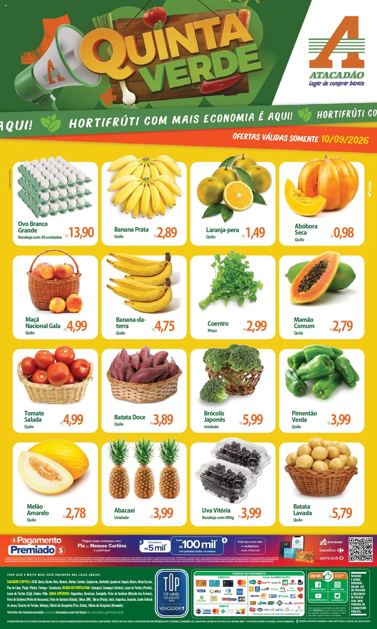 Pré-Visualização do folheto "Atacadão ofertas - BA" da loja Atacadão válido a partir de 10/09/2026 - Abóbora, Batata, Tomate, Chá, Bandeja, Melão, Mamão, Cará