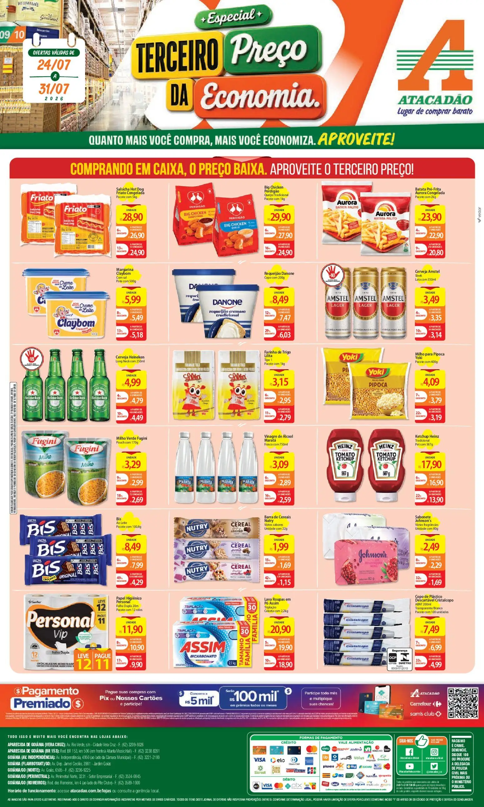 Pré-Visualização do folheto "Atacadão ofertas - GO" da loja Atacadão válido a partir de 24/07/2026 - Heineken, Macarrão, Roupas, Sal, Álcool, Cerveja Heineken, Creme de leite, Vinagre