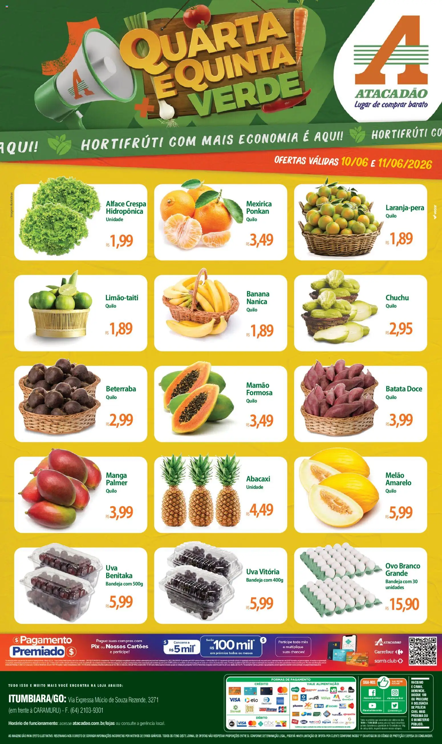 Pré-Visualização do folheto "Atacadão ofertas - GO" da loja Atacadão válido a partir de 10/06/2026 - Manga, Uva, Doce, Batata, Beterraba, Alface, Bandeja, Mamão