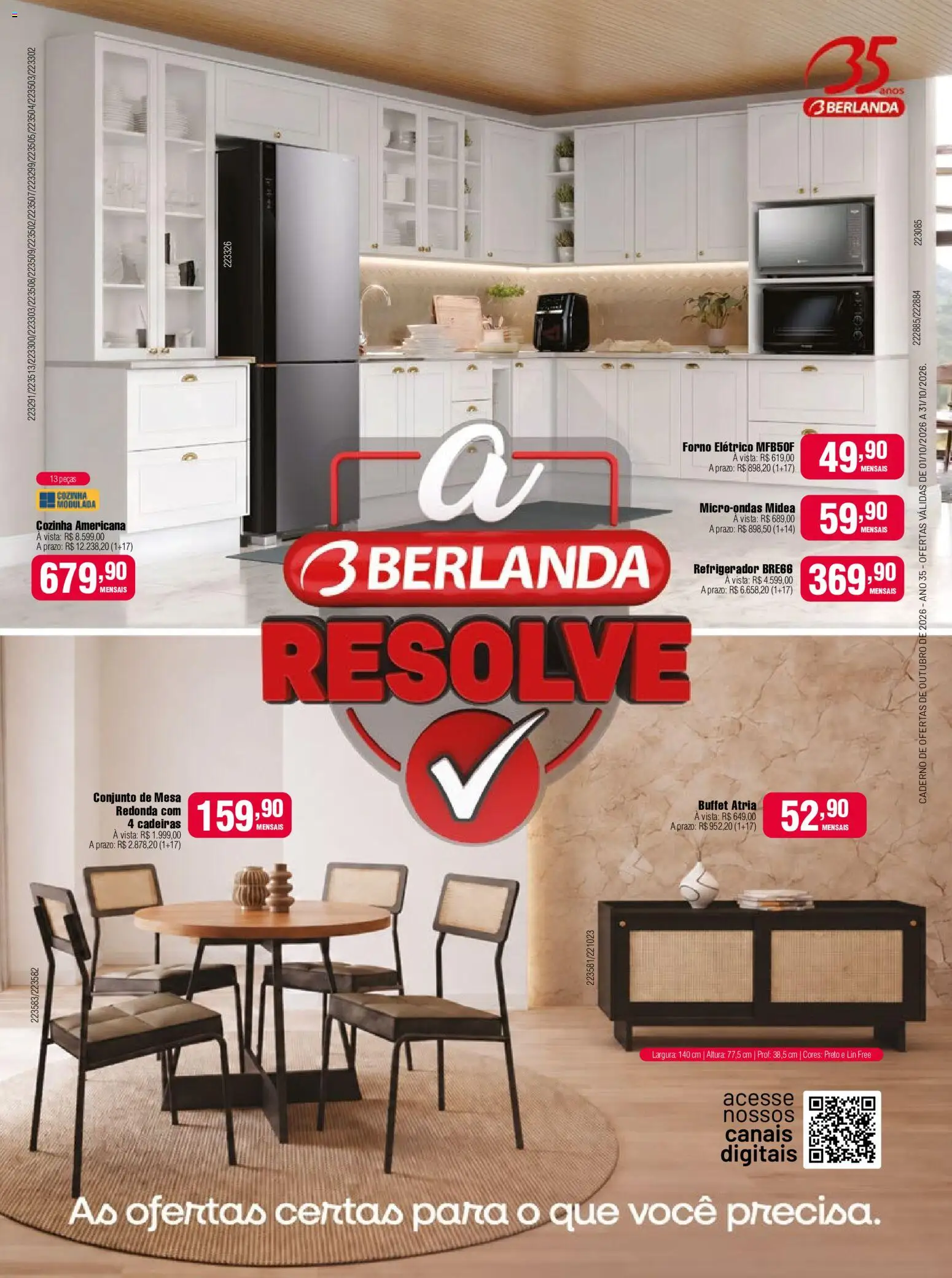 Pré-Visualização do folheto "Berlanda - Ofertas atuais" da loja Berlanda válido a partir de 01/10/2026 - Microondas, Forno elétrico, Cadeiras, Mesa, Caderno, Refrigerador, Forno