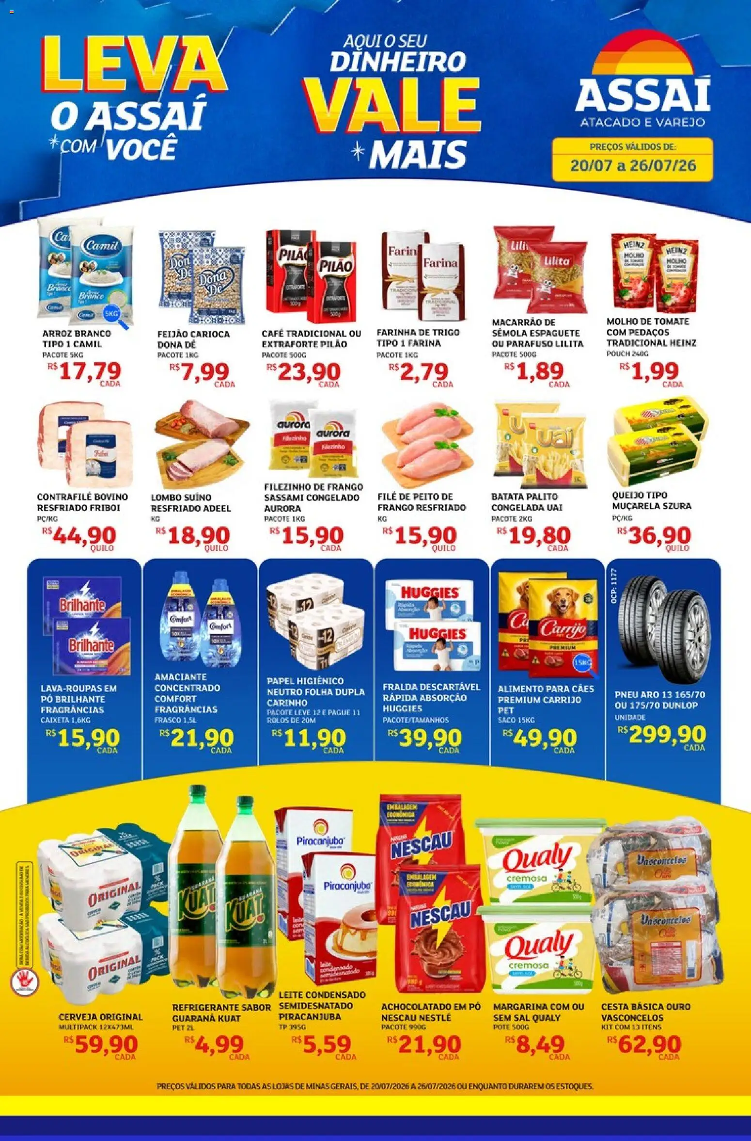 Pré-Visualização do folheto "Assaí Atacadista ofertas - MG" da loja Assaí Atacadista válido a partir de 20/07/2026 - Pneu, Arroz, Refrigerante, Nescau, Papel higiênico, Amaciante, Pó, Farinha