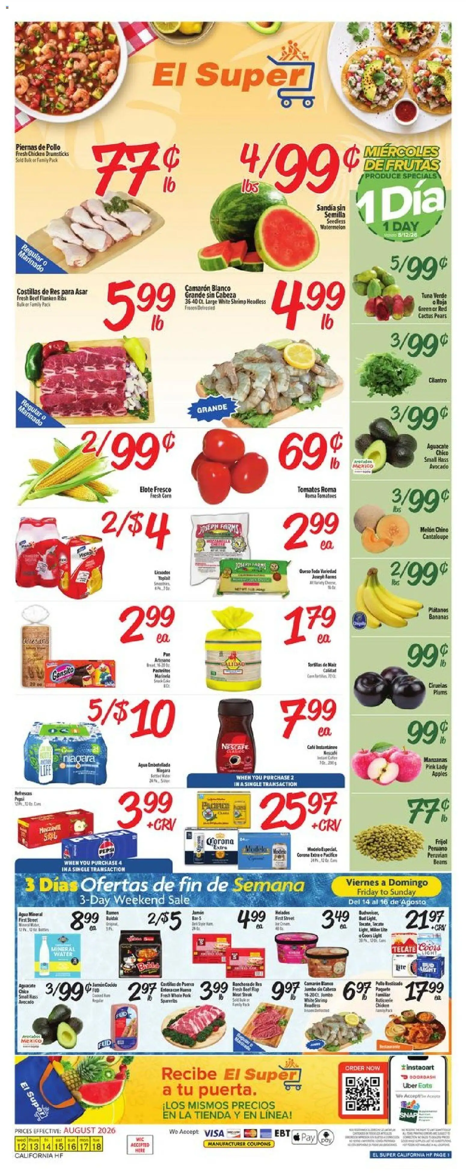 Ad Preview of El Super El Super Weekly Ad from 08/12/2026 - Apples, Steak, Bananas, Shrimp, Tuna, Plums, Melon, Chicken drumsticks