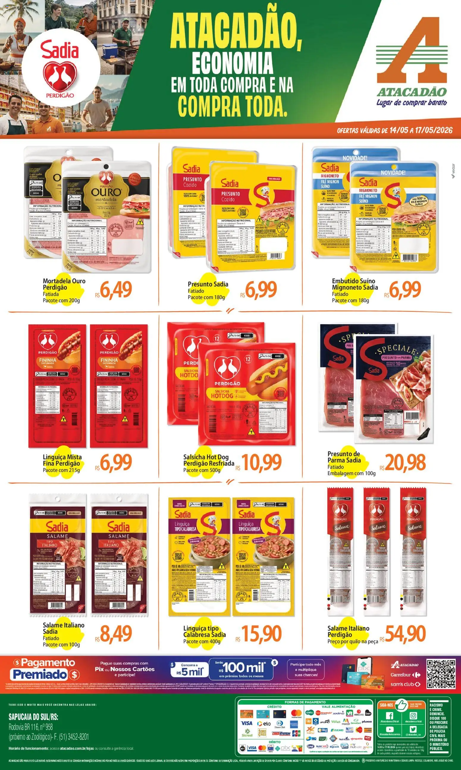 Pré-Visualização do folheto "Atacadão ofertas - RS" da loja Atacadão válido a partir de 14/05/2026 - Salsicha, Carne, Salame, Mortadela, Linguiça, Presunto, Filé mignon