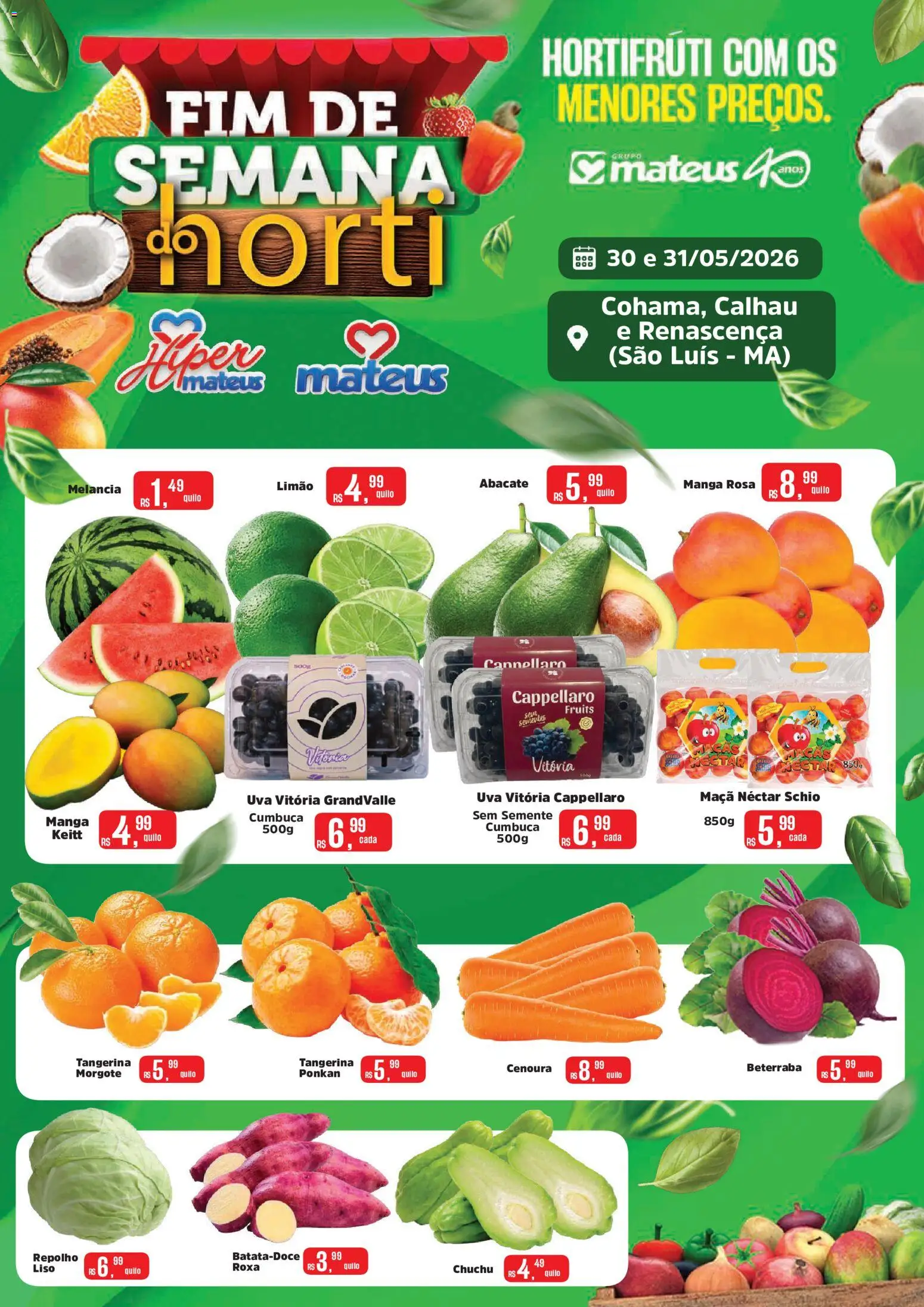 Pré-Visualização do folheto "Mateus ofertas Especial do Horti" da loja Mateus válido a partir de 30/05/2026 - Manga, Melancia, Uva, Chuchu, Beterraba, Abacate, Cenoura, Repolho