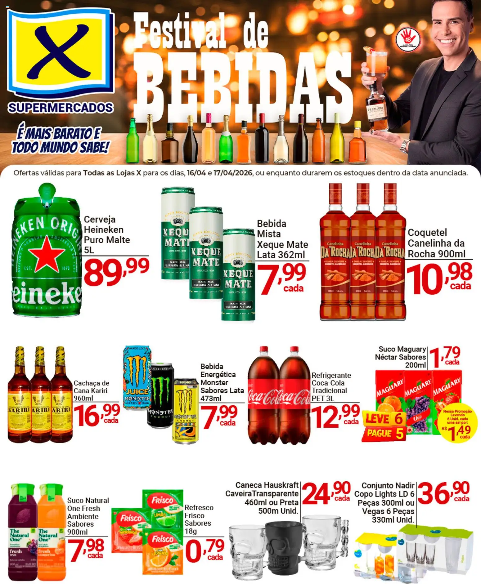 Pré-Visualização do folheto "X Supermercados ofertas Festival de Bebidas" da loja X Supermercados válido a partir de 16/04/2026 - Bebidas, Bebida, Cerveja Heineken, Suco, Refrigerante, Cachaça, Caneca, Hauskraft