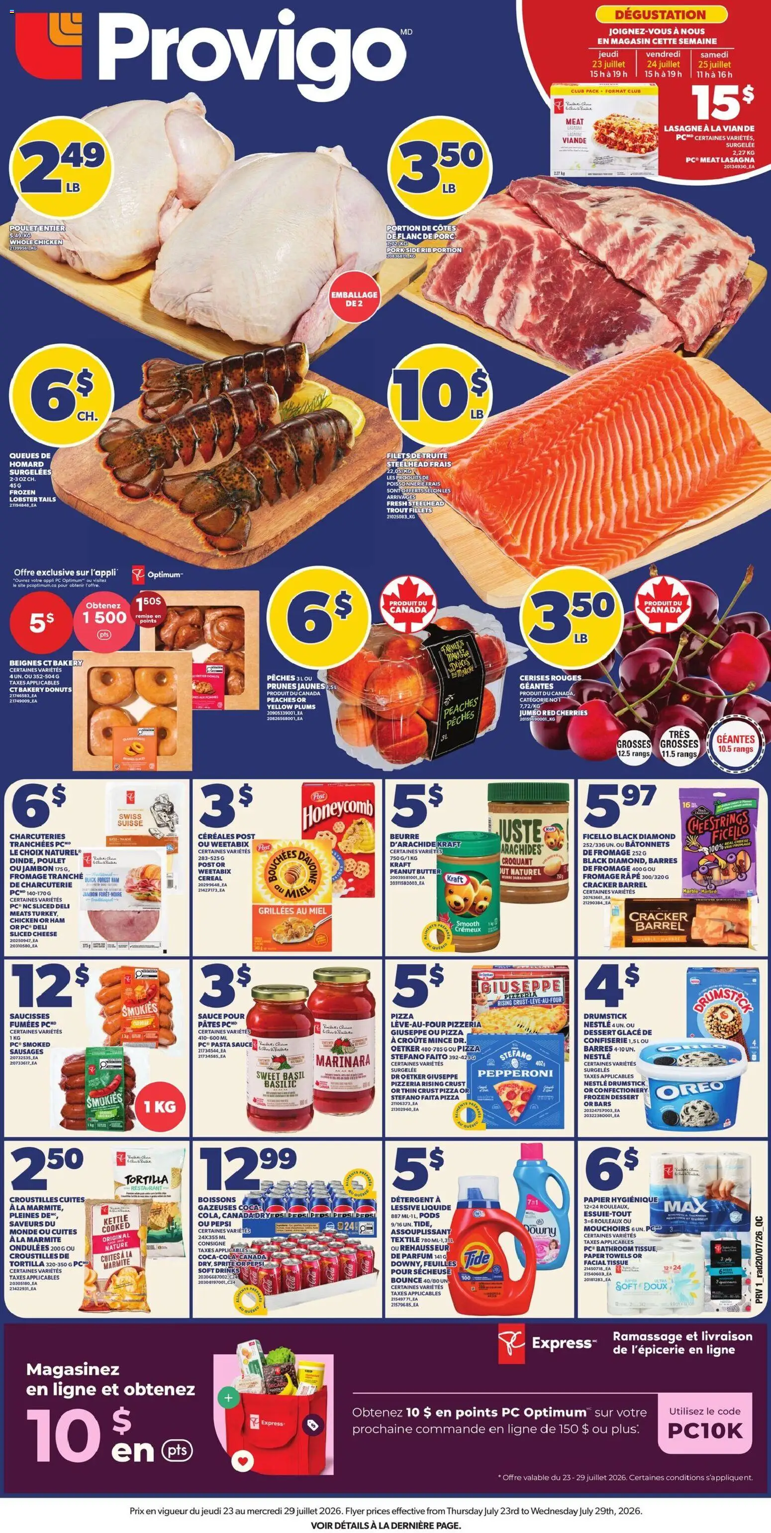 Preview of leaflet Provigo weekly flyer / circulaire from shop Provigo is valid from Jul 23, 2026 - Chicken, Pasta, Drinks, Pepsi, Peanut butter, Sprite, Paper towels, Detergent