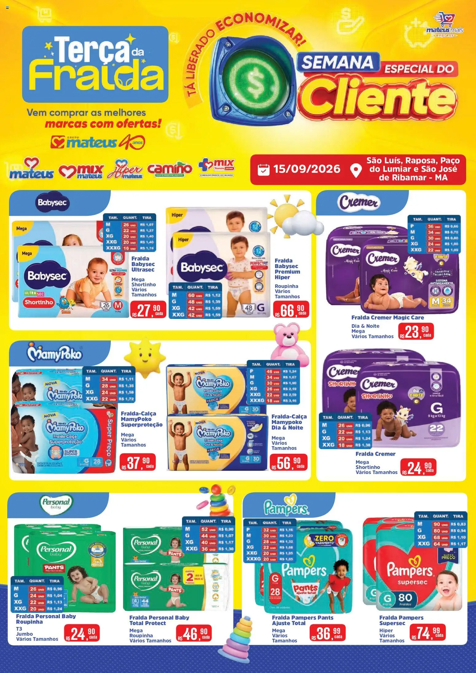 Pré-Visualização do folheto "Mateus ofertas Terça da Fralda" da loja Mateus válido a partir de 15/09/2026 - Fraldas, Fralda pampers, Calça, Pampers, Creme