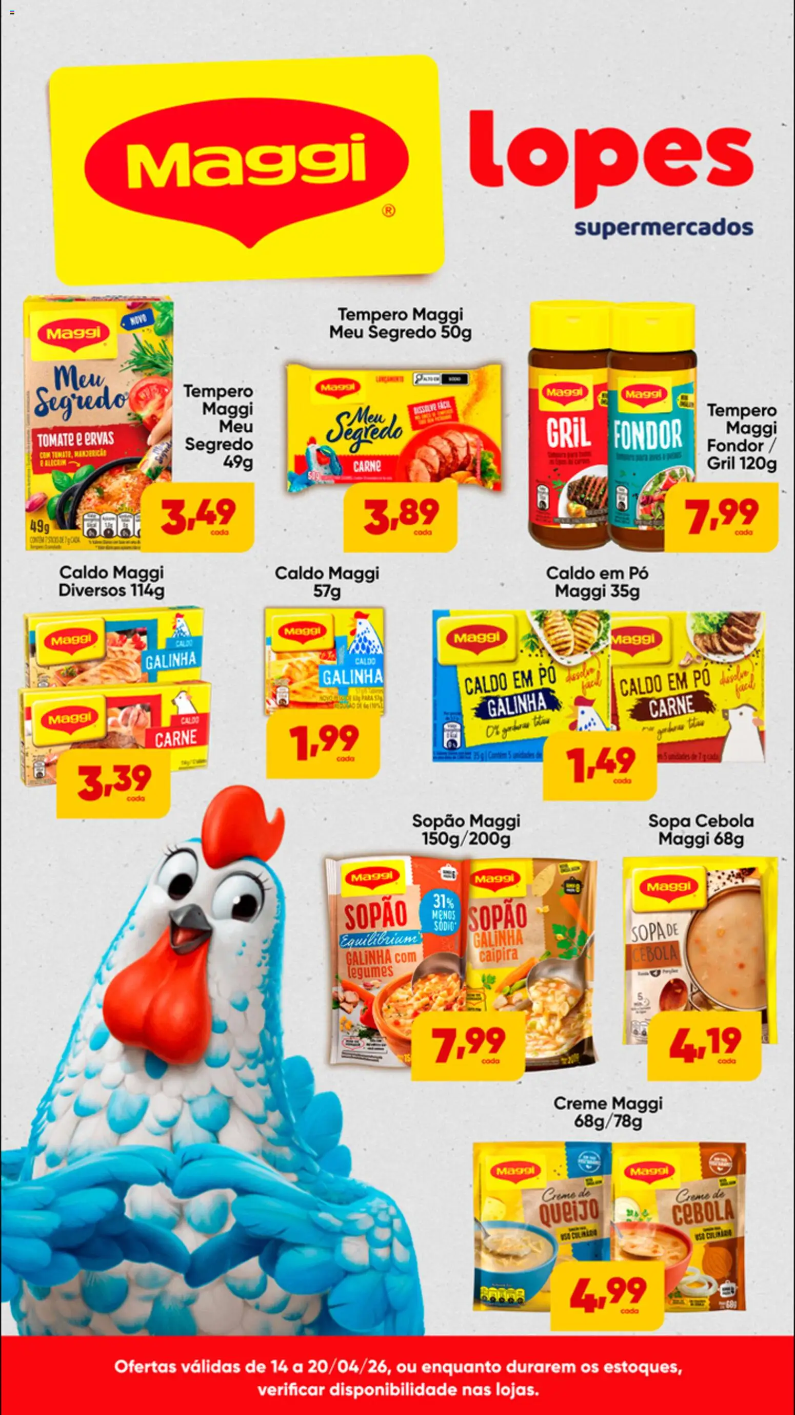 Pré-Visualização do folheto "Lopes Supermercados ofertas Maggi" da loja Lopes Supermercados válido a partir de 14/04/2026 - Manjericão, Queijo, Carne, Tomate, Creme, Cebola, Pó