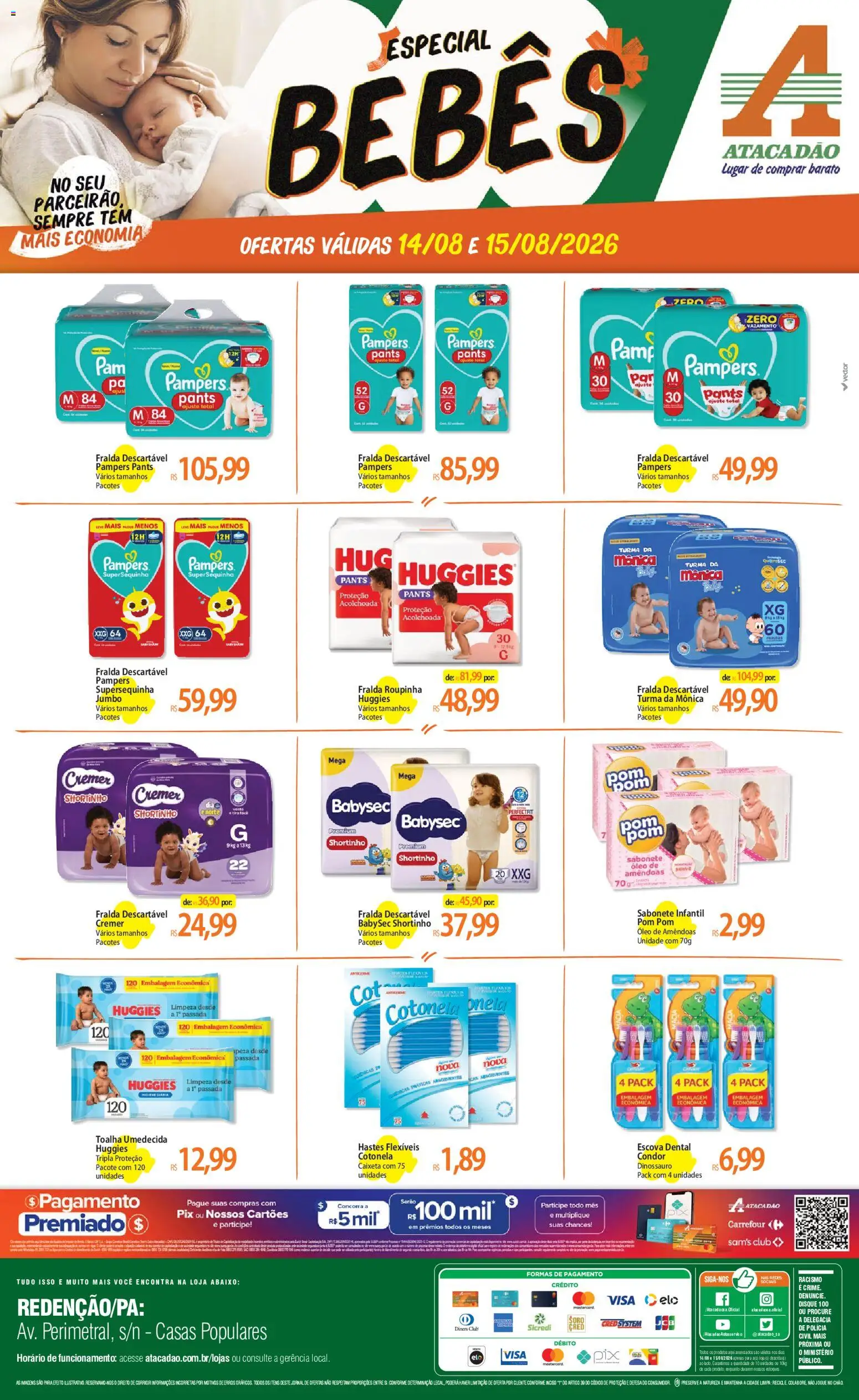 Pré-Visualização do folheto "Atacadão ofertas - PA" da loja Atacadão válido a partir de 14/08/2026 - Óleo, Sabonete, Pampers, Escova, Amêndoas, Cará, Toalha umedecida
