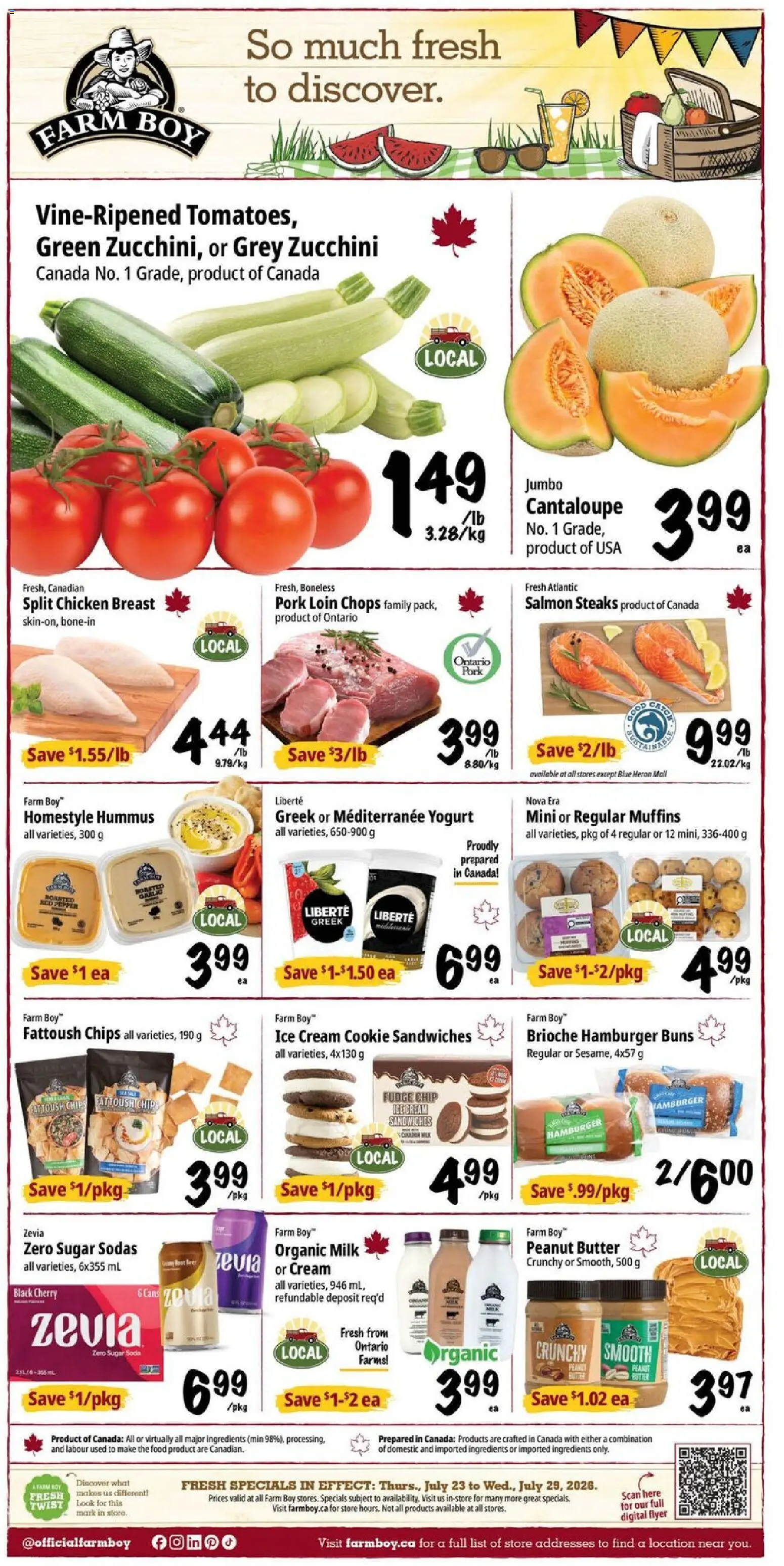 Preview of leaflet Farm Boy weekly flyer / circulaire from shop Farm Boy is valid from Jul 23, 2026 - Chicken, Salmon, Zucchini, Butter, Hummus, Sugar, Peanut butter, Cream