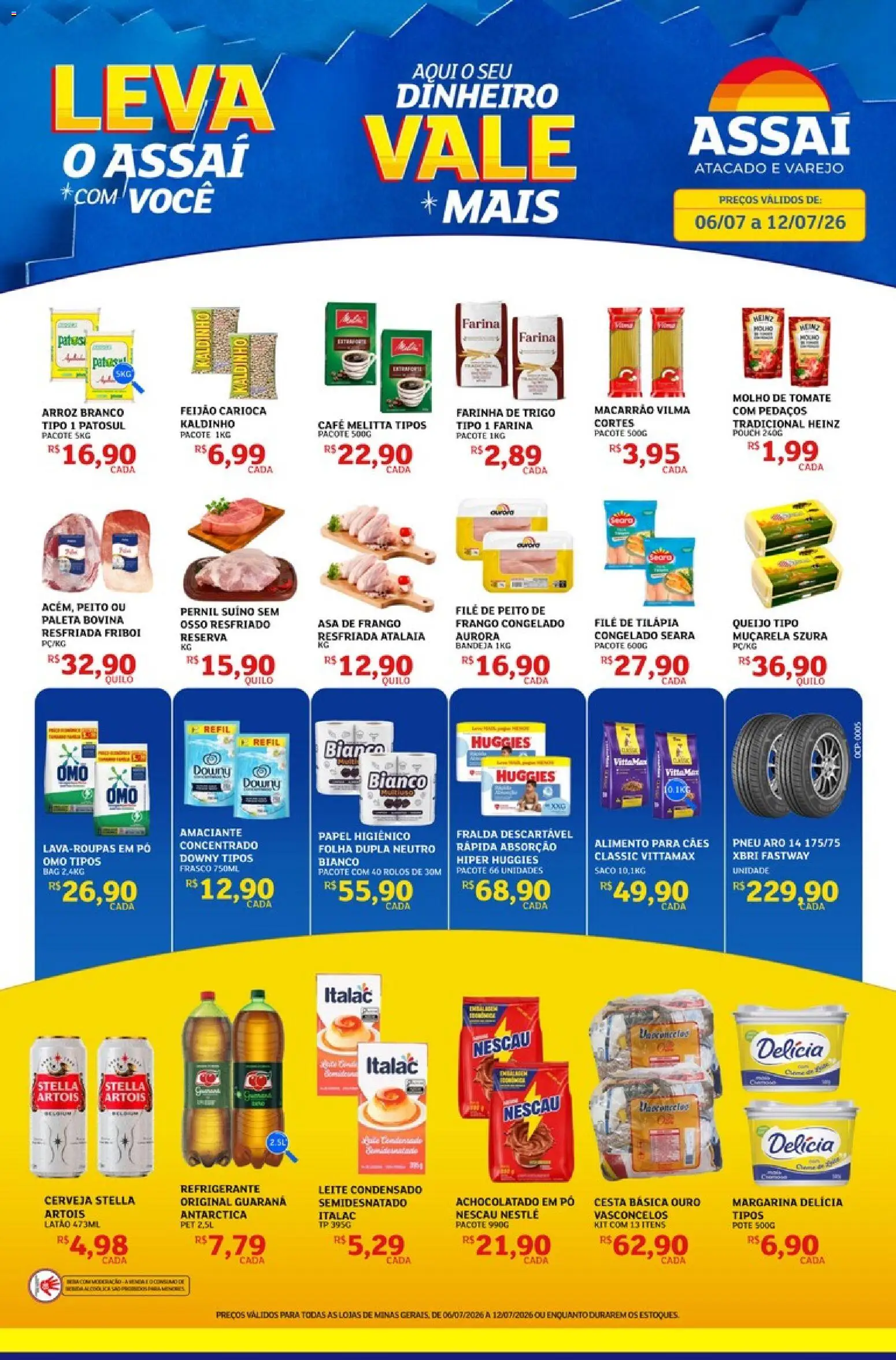 Pré-Visualização do folheto "Assaí Atacadista ofertas - MG" da loja Assaí Atacadista válido a partir de 06/07/2026 - Macarrão, Arroz, Tomate, Refrigerante, Tilápia, Muçarela, Asa de frango, Pernil suíno