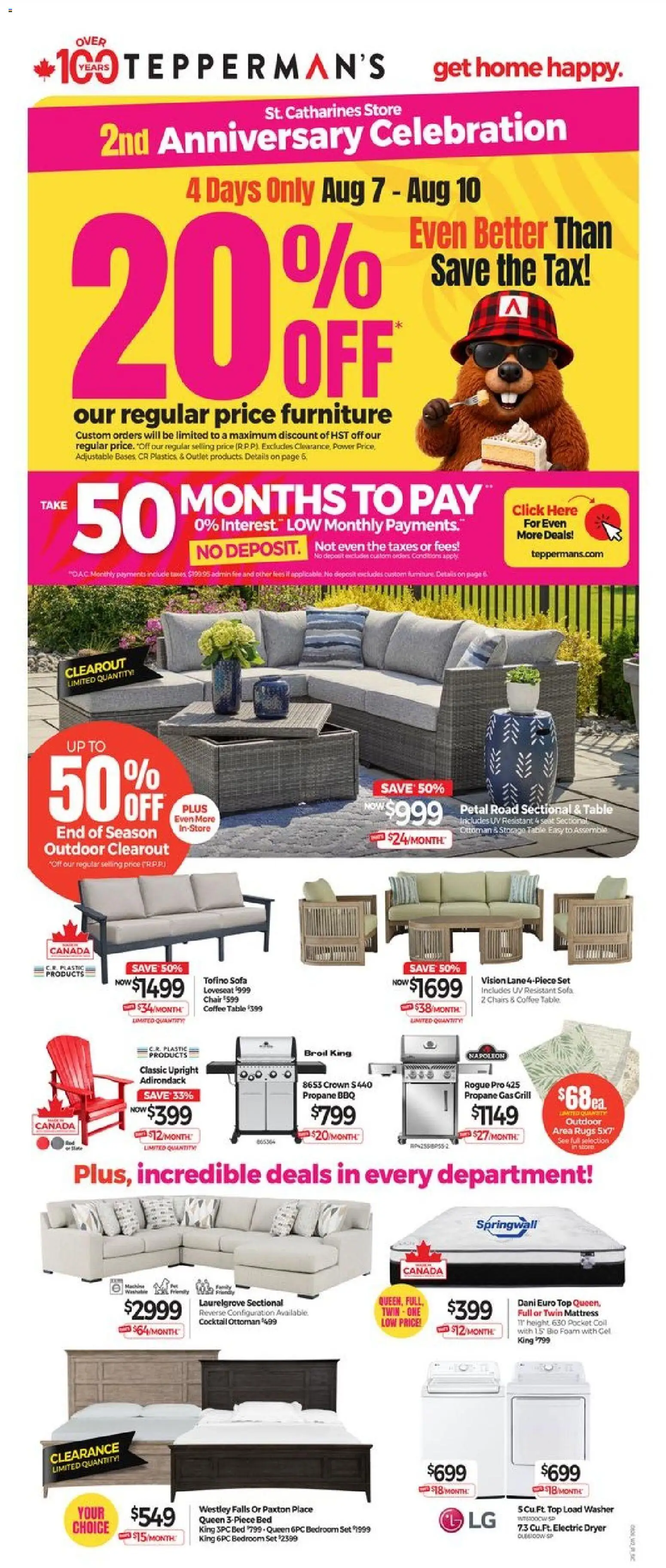Preview of leaflet Tepperman's weekly flyer / circulaire from shop Tepperman's is valid from Aug 07, 2026 - Coffee, Mattress, Cocktail, Coffee table, Bed, Dryer, Foam, Table