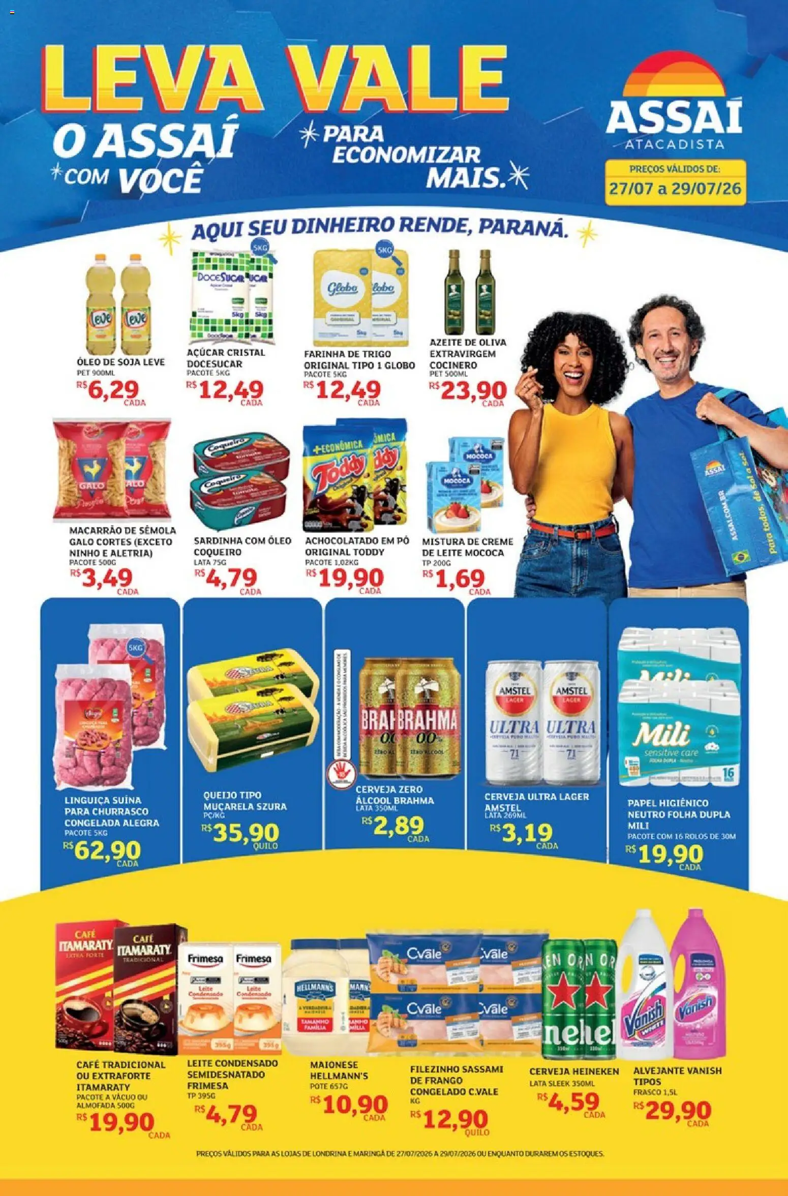 Pré-Visualização do folheto "Assaí Atacadista ofertas - PR" da loja Assaí Atacadista válido a partir de 27/07/2026 - Cerveja, Óleo, Frango, Maionese, Azeite de oliva, Almofada, Linguiça, Açúcar cristal