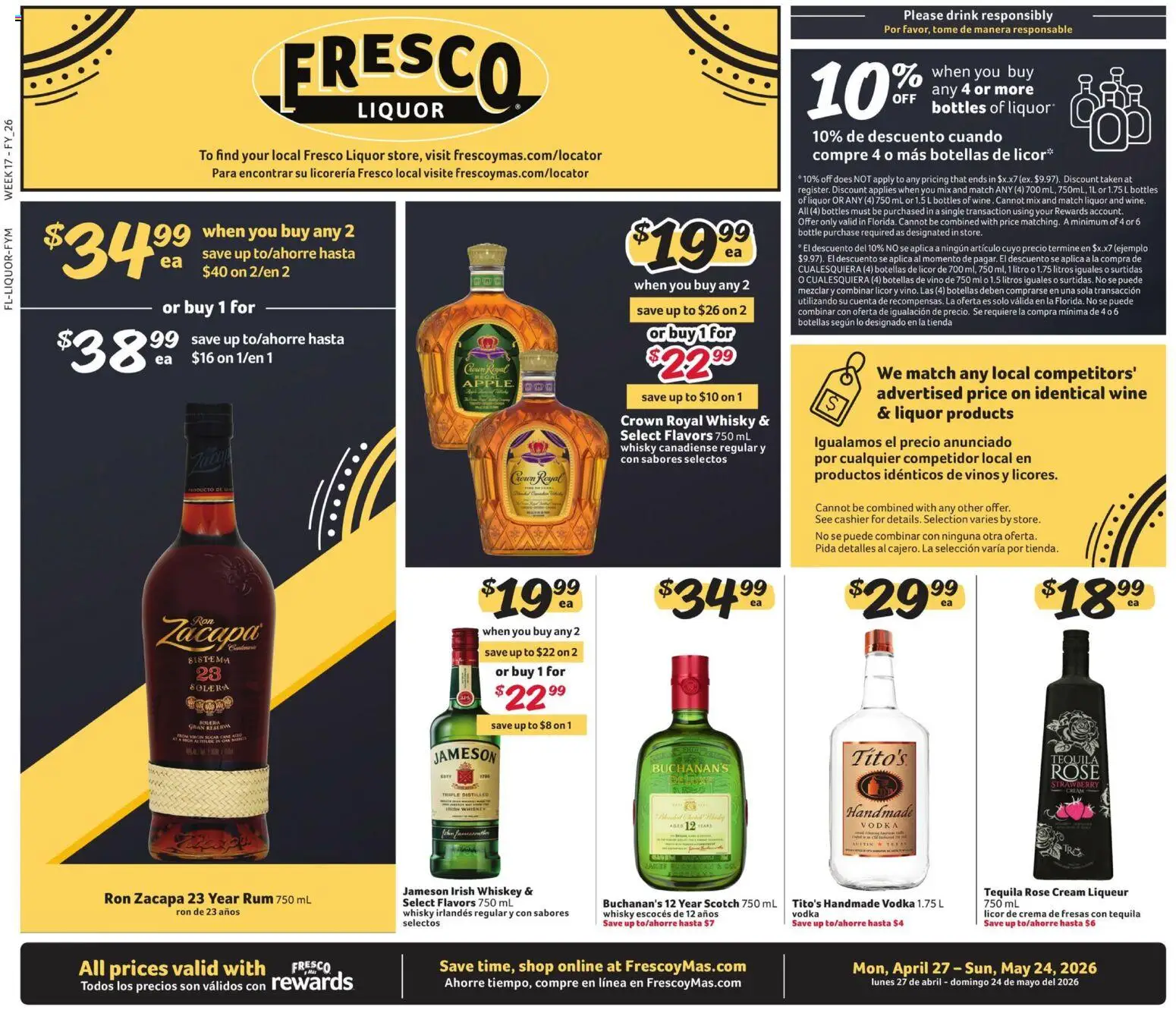 Ad Preview of Fresco y Más Fresco y Más Alcohol Flyer from 04/27/2026 - Tequila, Wine, Vodka, Sugar, Cream, Rum, Jameson, Irish whiskey