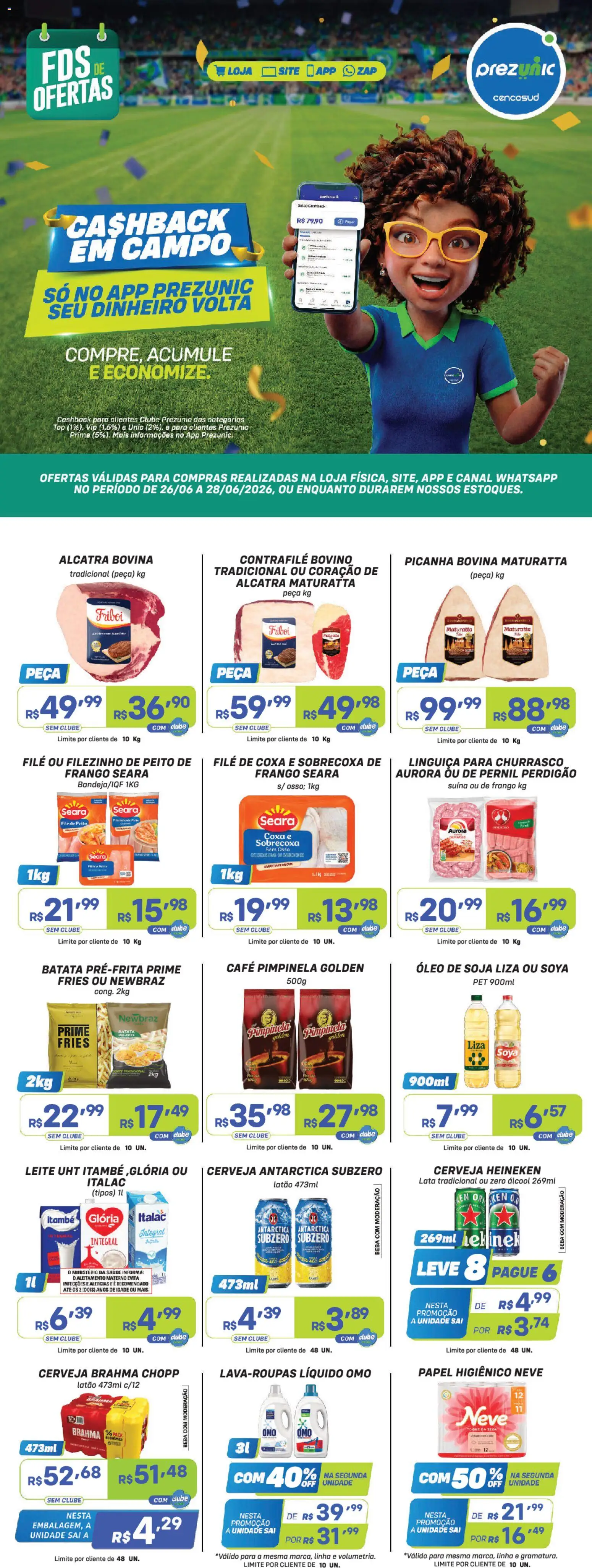 Pré-Visualização do folheto "Prezunic ofertas" da loja Prezunic válido a partir de 26/06/2026 - Heineken, Óleo, Álcool, Frango, Soja, Papel higiênico, Linguiça, Alcatra