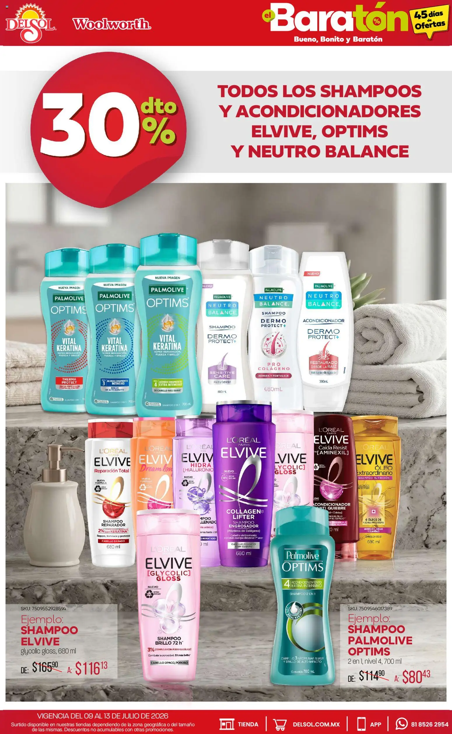Vista previa las ofertas de la tienda Del Sol y Woolworth - Del Sol y Woolworth catálogo Bueno, Bonito y Baratón desde el 09/07/2026 - Flores, Shampoo, Botella, Acondicionador, Cepillo, Brillo