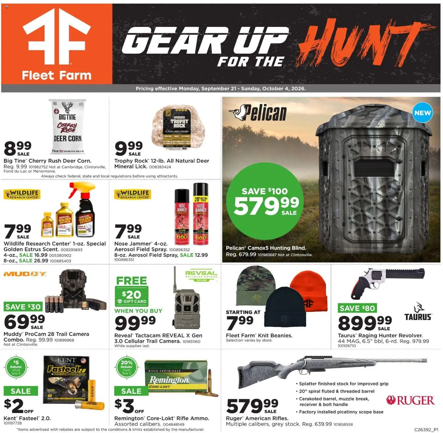 Ad Preview of Mills Fleet Farm Mills Fleet Farm Gear Up Hunt from 09/21/2026 - Camera, Corn, Trail Camera, Receiver, Rifle