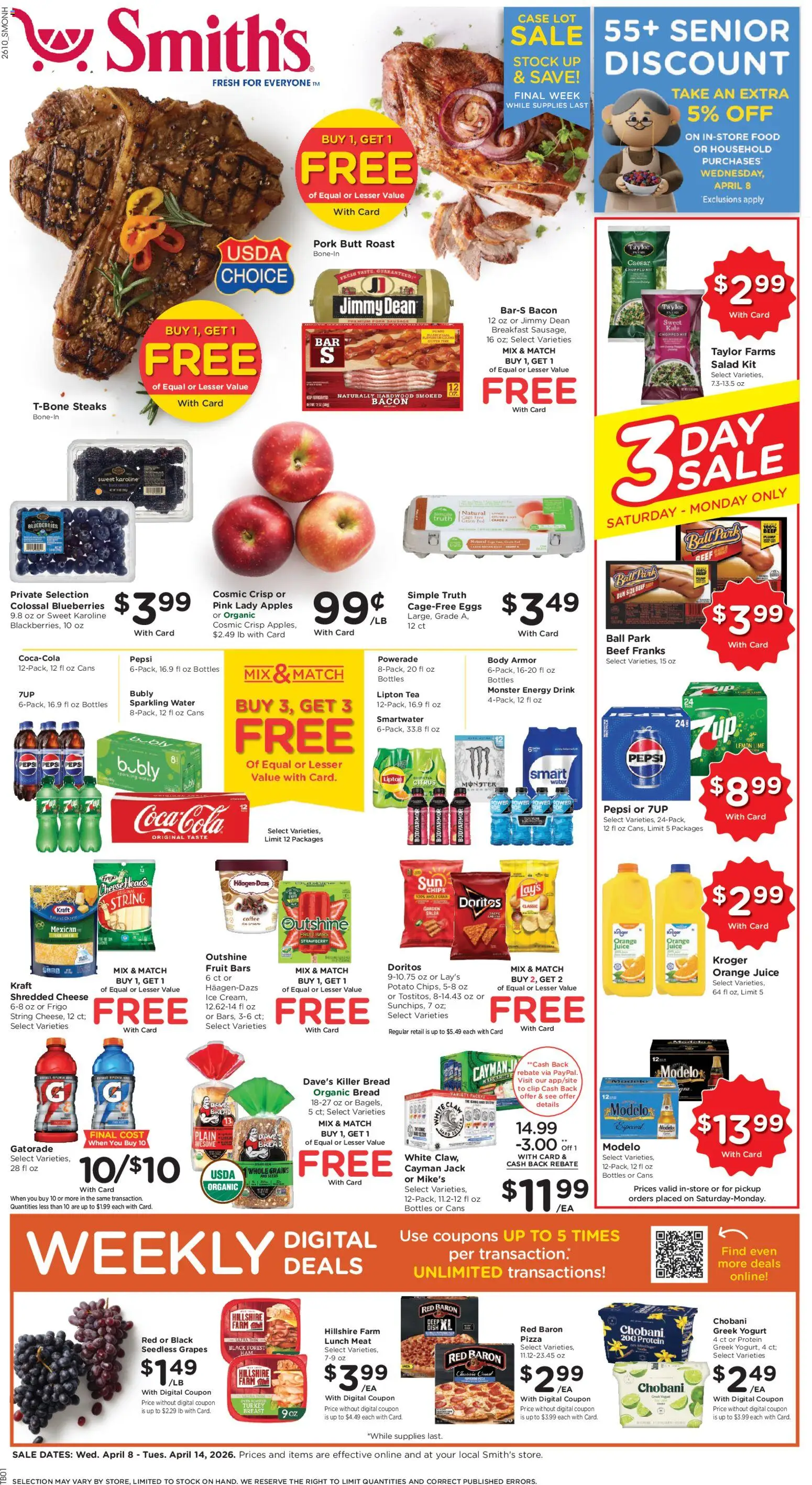 Ad Preview of Smith's Smith's Weekly Ad - NM from 04/08/2026 - Water, Salad, Cheese, Greek yogurt, Beef, Orange juice, Pork butt, Organic bread