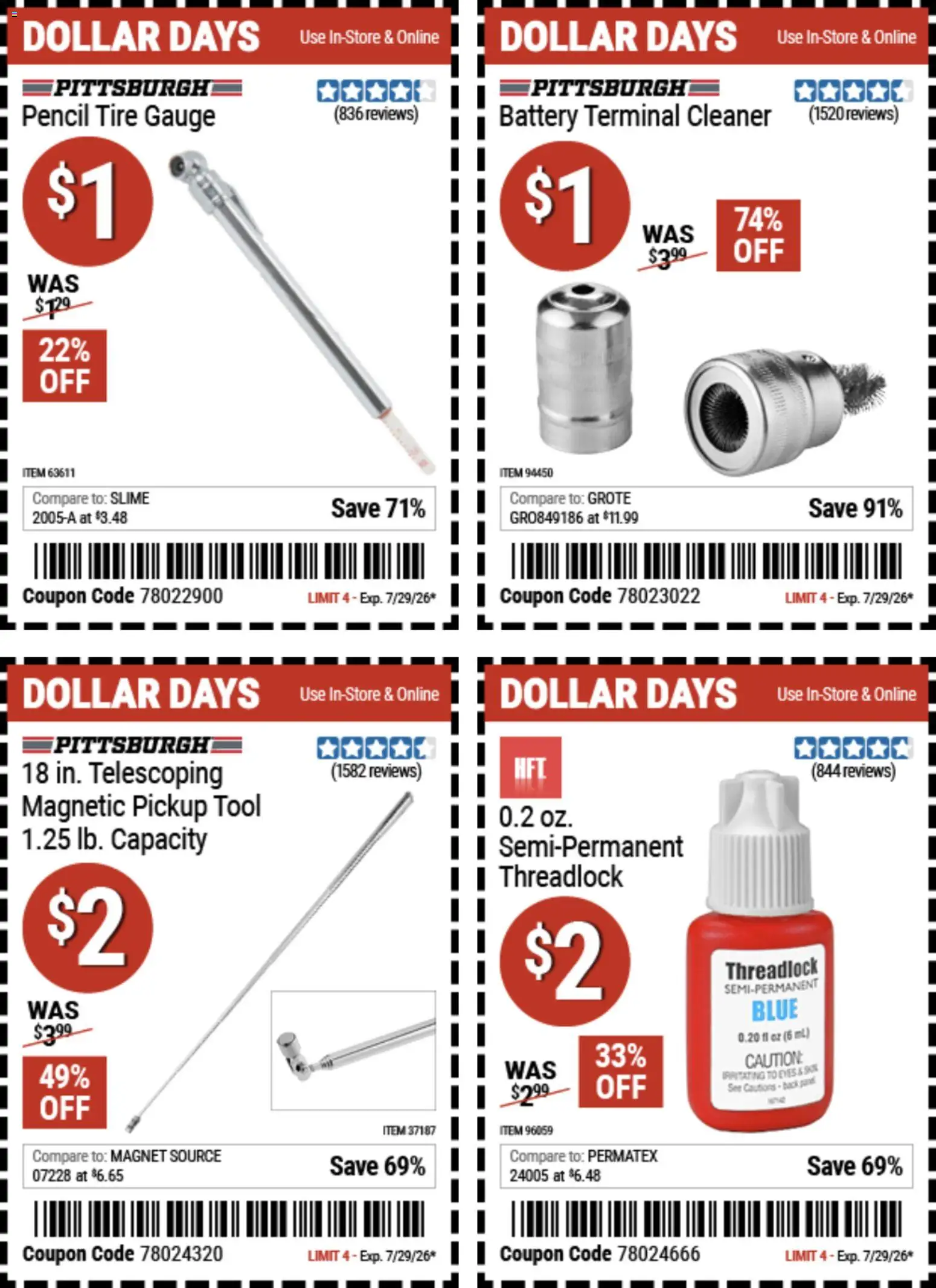 Ad Preview of Harbor Freight Harbor Freight Dollar Days from 07/16/2026 - Tire, Battery, Pencil, Magnet