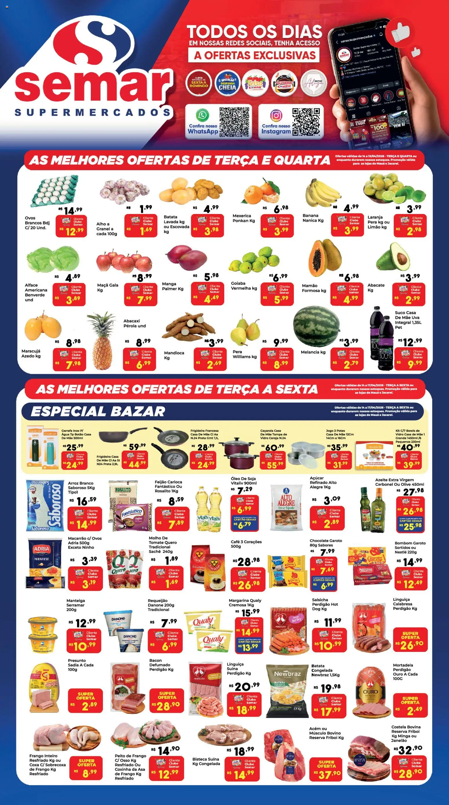 Pré-Visualização do folheto "Semar Supermercado - Ofertas da semana" da loja Semar Supermercado válido a partir de 14/04/2026 - Café, Ovos, Feijão, Tomate, Alface, Mexerica, Linguiça, Tigela
