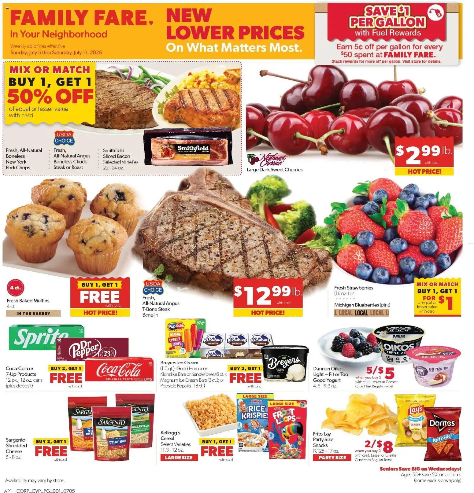 Ad Preview of Family Fare Family Fare Weekly Ad from 07/05/2026 - Snacks, Blueberries, Sugar, Pork, Cream, Mozzarella, Muffins, Caro